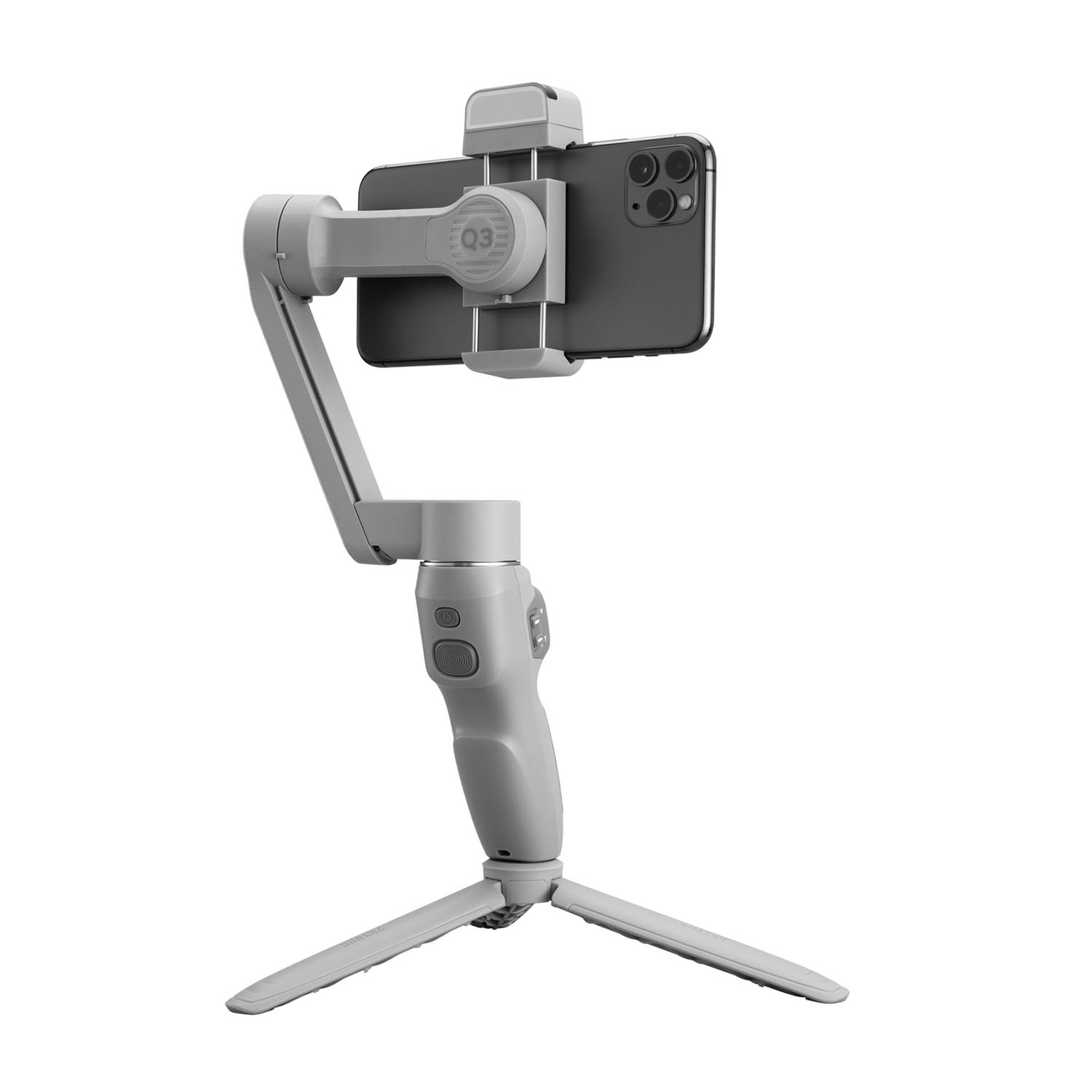 Ein grauer Telefonstabilisator mit befestigtem Telefon. Der Stabilisator hat einen Griff und steht auf einem Stativ. Das Telefon ist schwarz und grau.