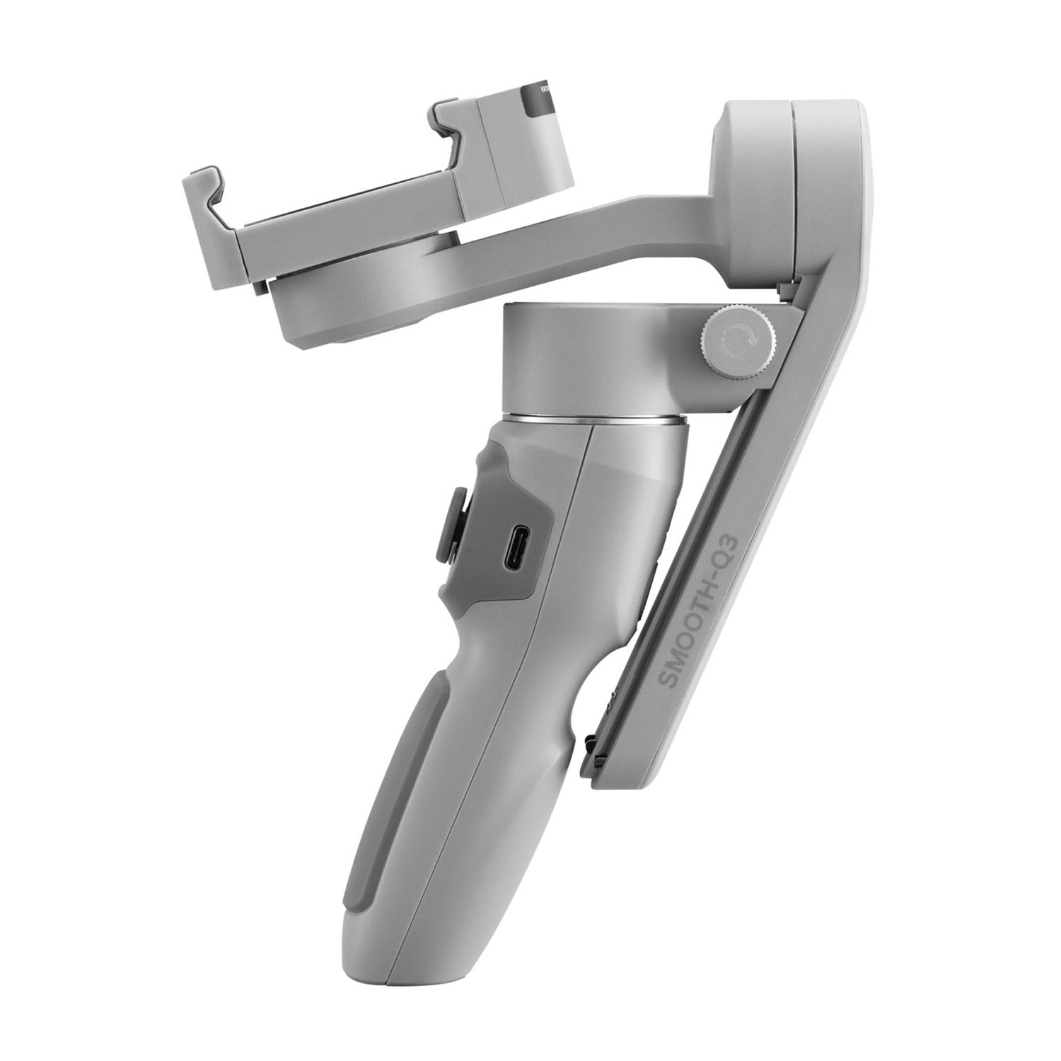 Ein grauer Gimbal-Stabilisator, SMOOTH-Q3, mit einer Telefonhalterung. Er hat einen Griff mit USB-Anschluss.