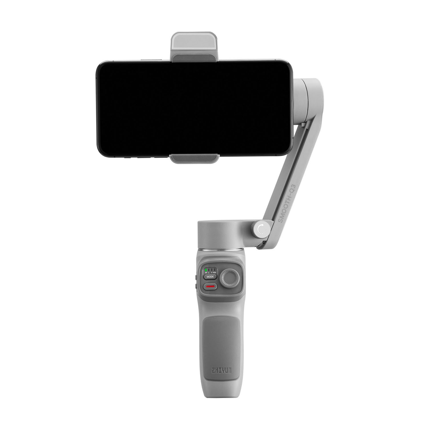 Ein grauer Zhiyun Smooth-Q3 Smartphone-Stabilisator. In der Mitte wird ein schwarzes Smartphone gehalten. Das Gerät hat Steuertasten und einen Griff.