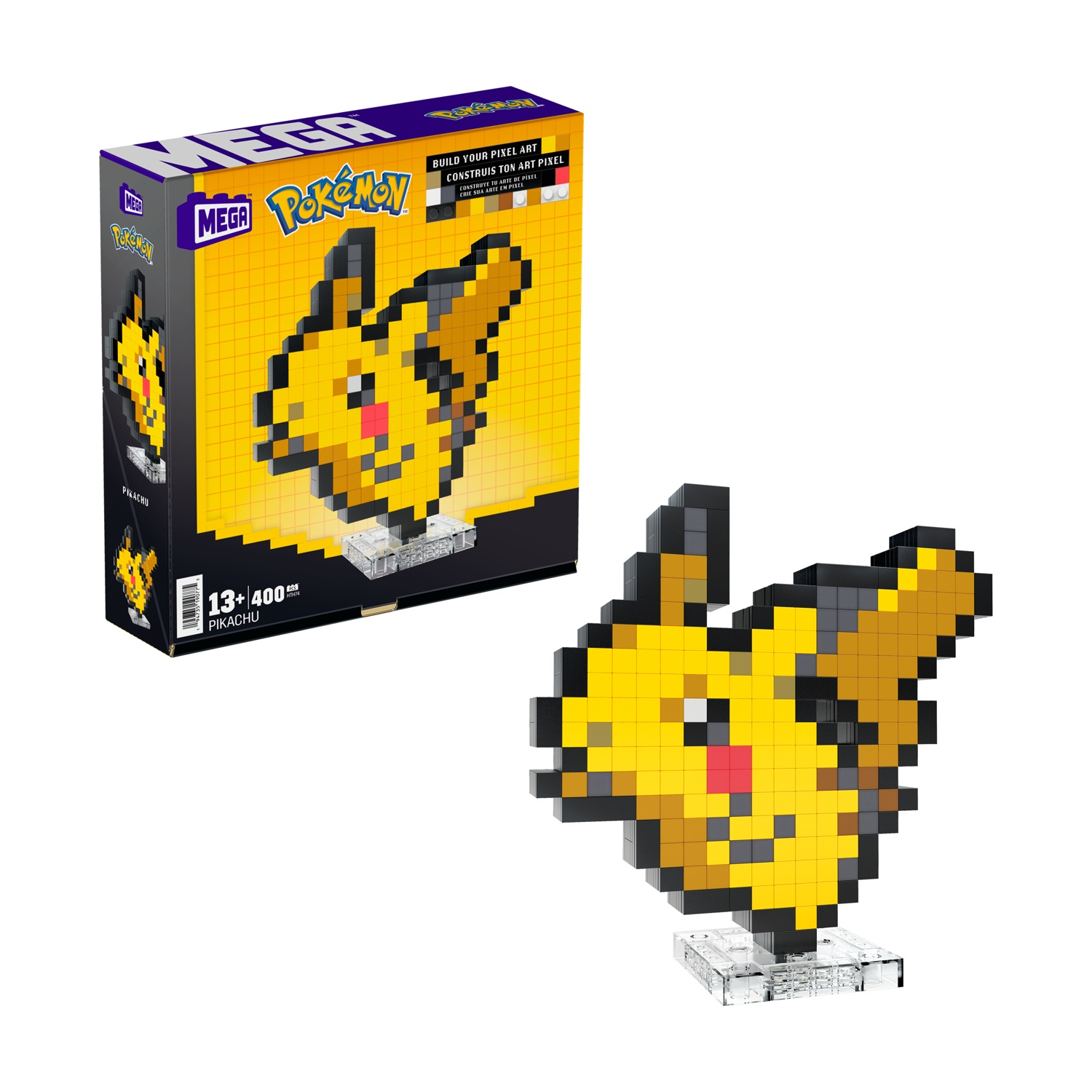 Un'opera pixel art di Pikachu è esposta, insieme alla sua scatola. La scatola presenta il logo Pokémon e Pikachu in pixel art su sfondo giallo.