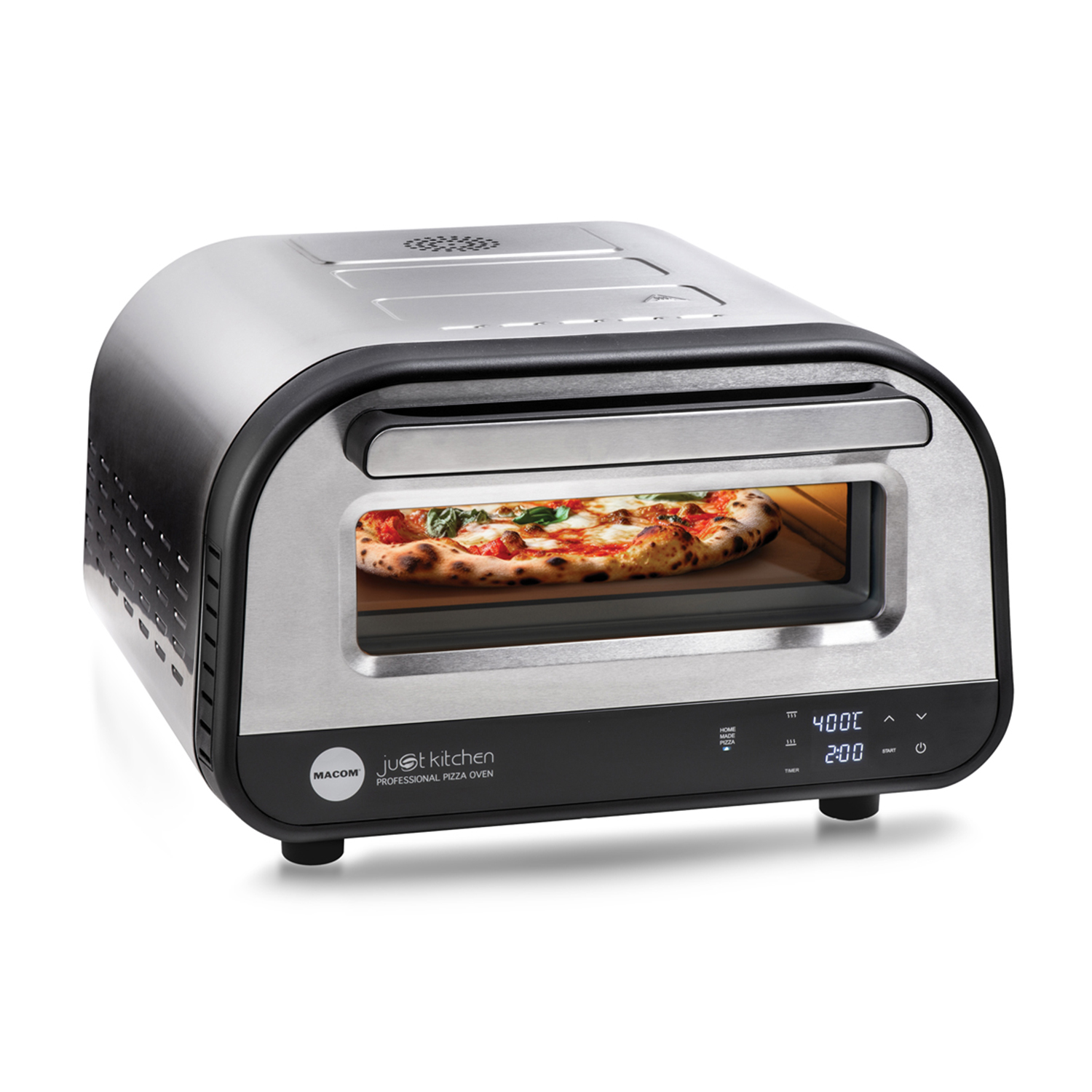 Ein professioneller Pizzaofen mit einer Pizza darin. Er ist silber und schwarz, mit Digitalanzeige für Temperatur und Zeit.