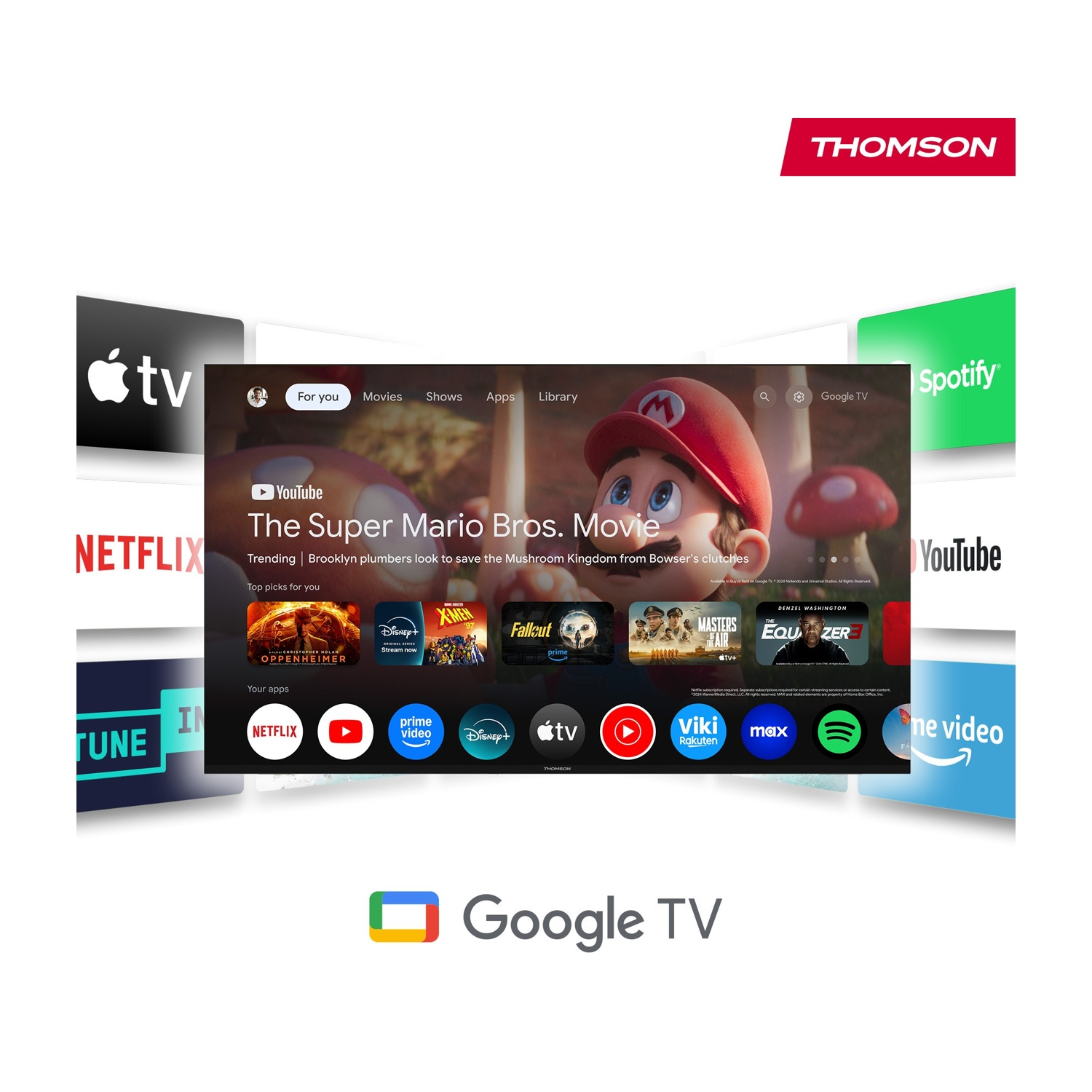 Uno schermo TV mostra una scena di The Super Mario Bros. Movie, circondata da loghi di app come Netflix, YouTube e Spotify.