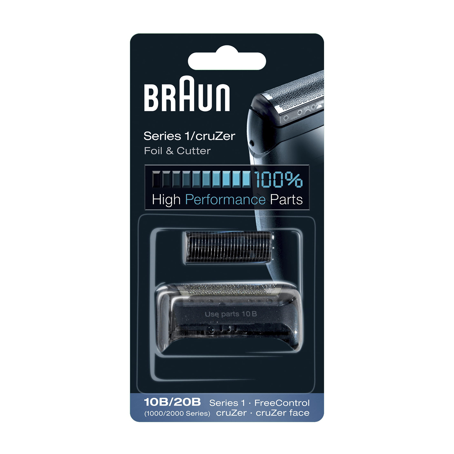 Braun Series 1/cruZer Folien- und Messerkopf-Ersatzteile-Packung. Die Verpackung ist schwarz-blau mit sichtbaren Teilen.