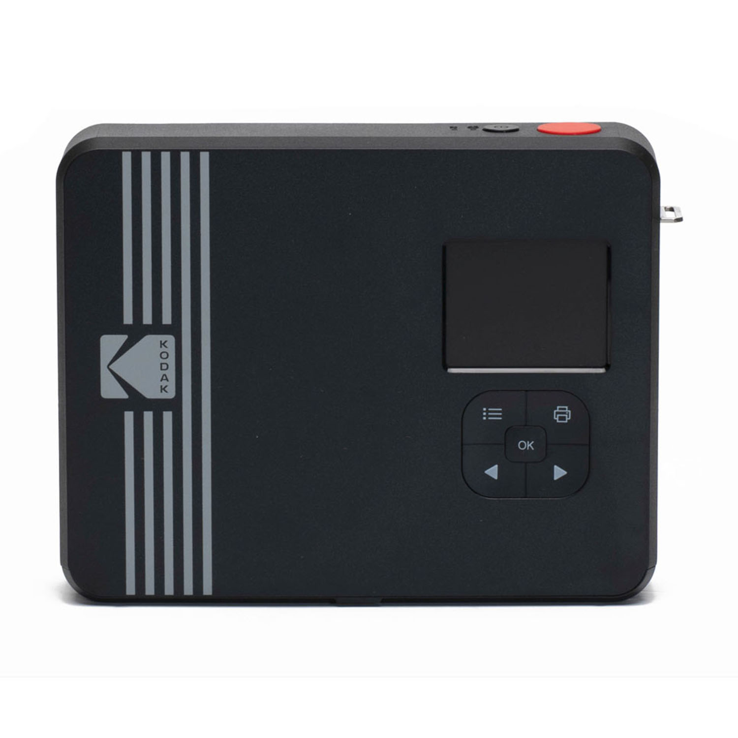Imprimante Kodak noire avec écran et boutons. Rayures argentées sur le côté. Bouton rouge en haut. Isolé sur fond blanc.