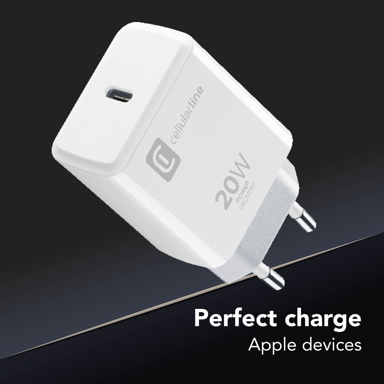 Chargeur blanc avec Power Delivery 20W. Charge parfaite pour les appareils Apple. Port USB-C et deux broches.