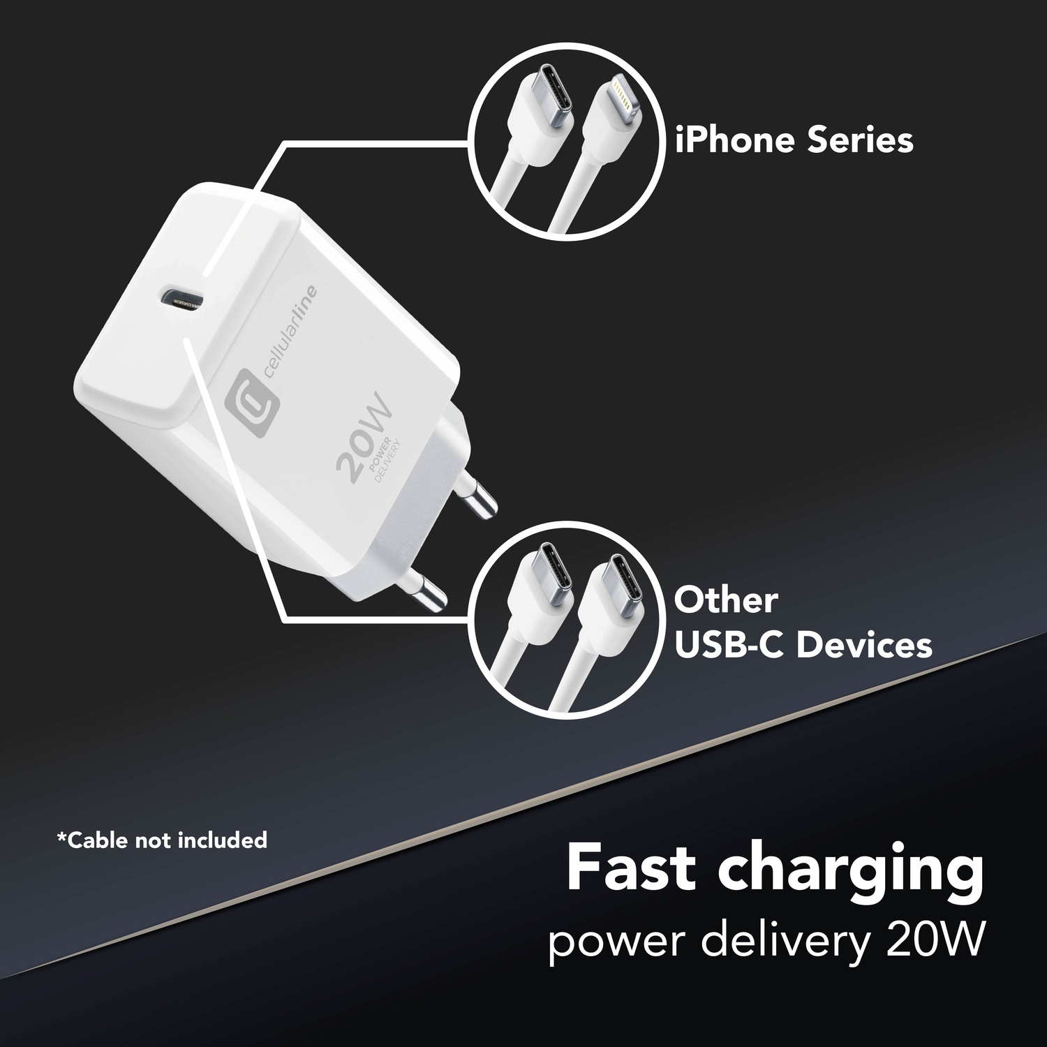Chargeur Cellularline blanc 20W avec ports USB-C, étiqueté pour iPhones et autres appareils USB-C. Charge rapide, alimentation 20W.