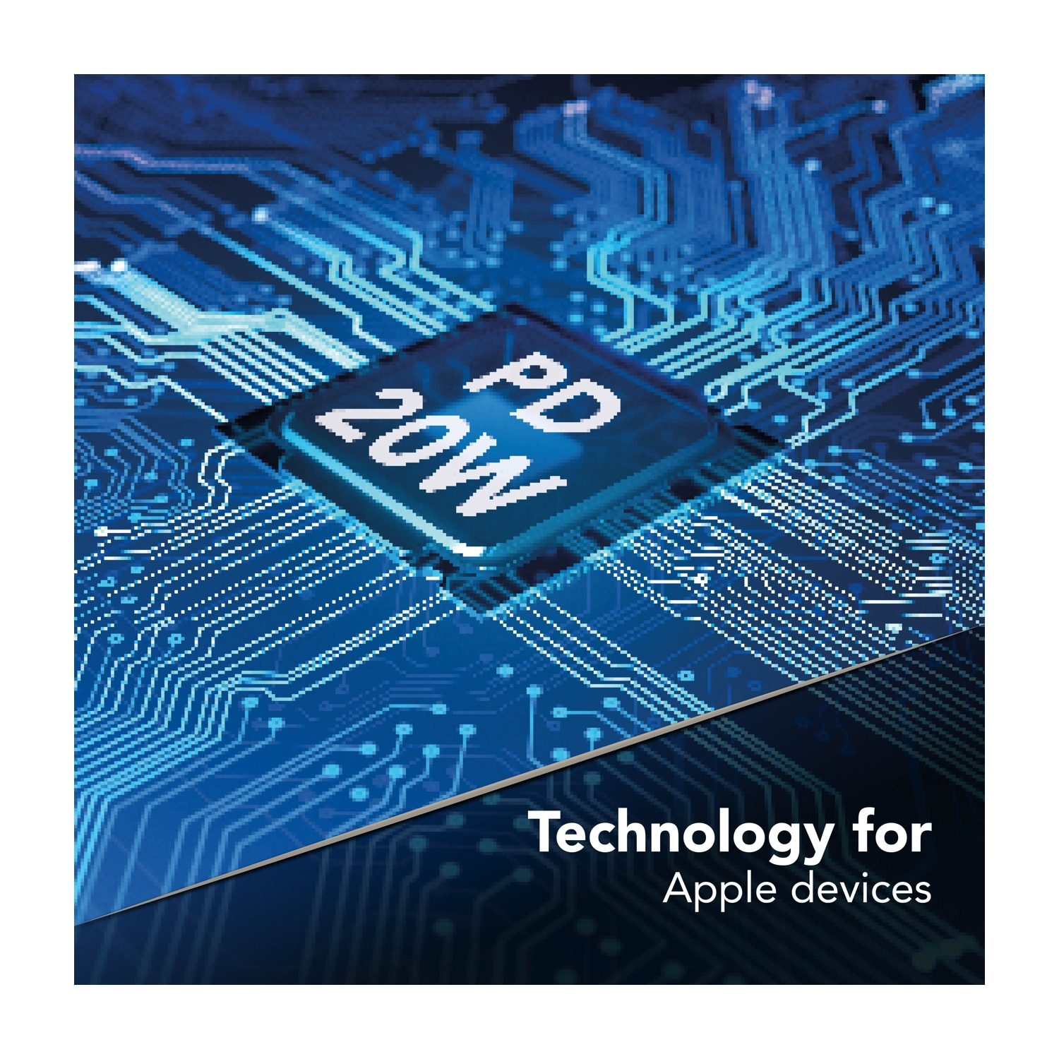 Gros plan sur un circuit imprimé bleu avec une puce PD de 20W. Le texte indique « Technologie pour appareils Apple ».