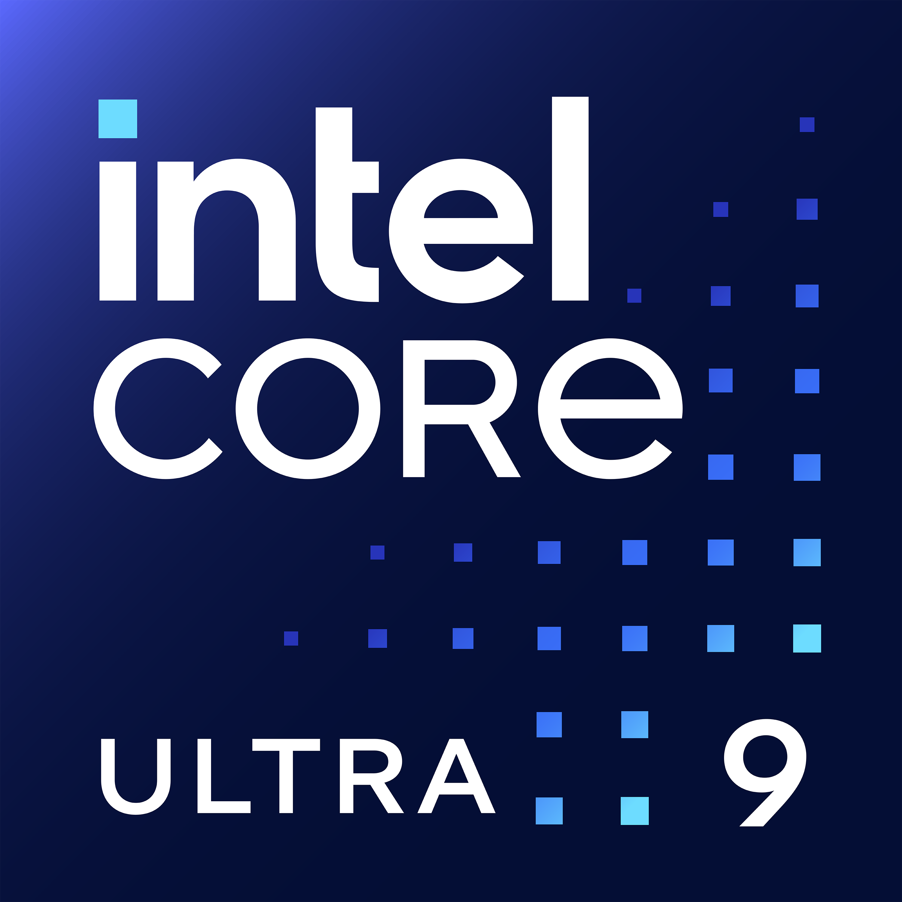 Logo Intel Core Ultra 9. Testo bianco su sfondo sfumato blu scuro. Quadrati blu punteggiano lo sfondo.