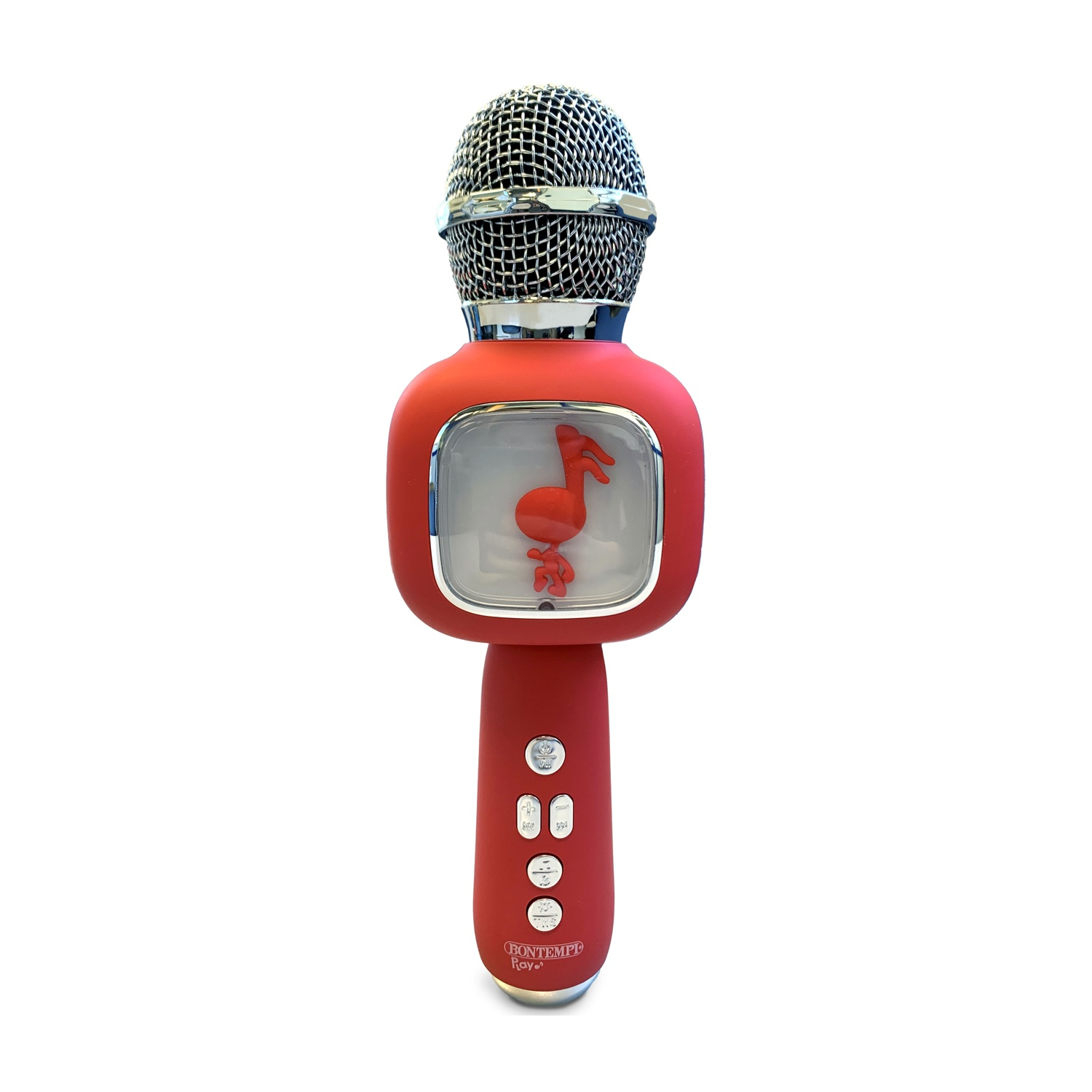 Un giocattolo a forma di microfono rosso con una testa a rete argentata. Una finestra trasparente mostra una nota musicale rossa. Sono visibili pulsanti e il nome del marchio.