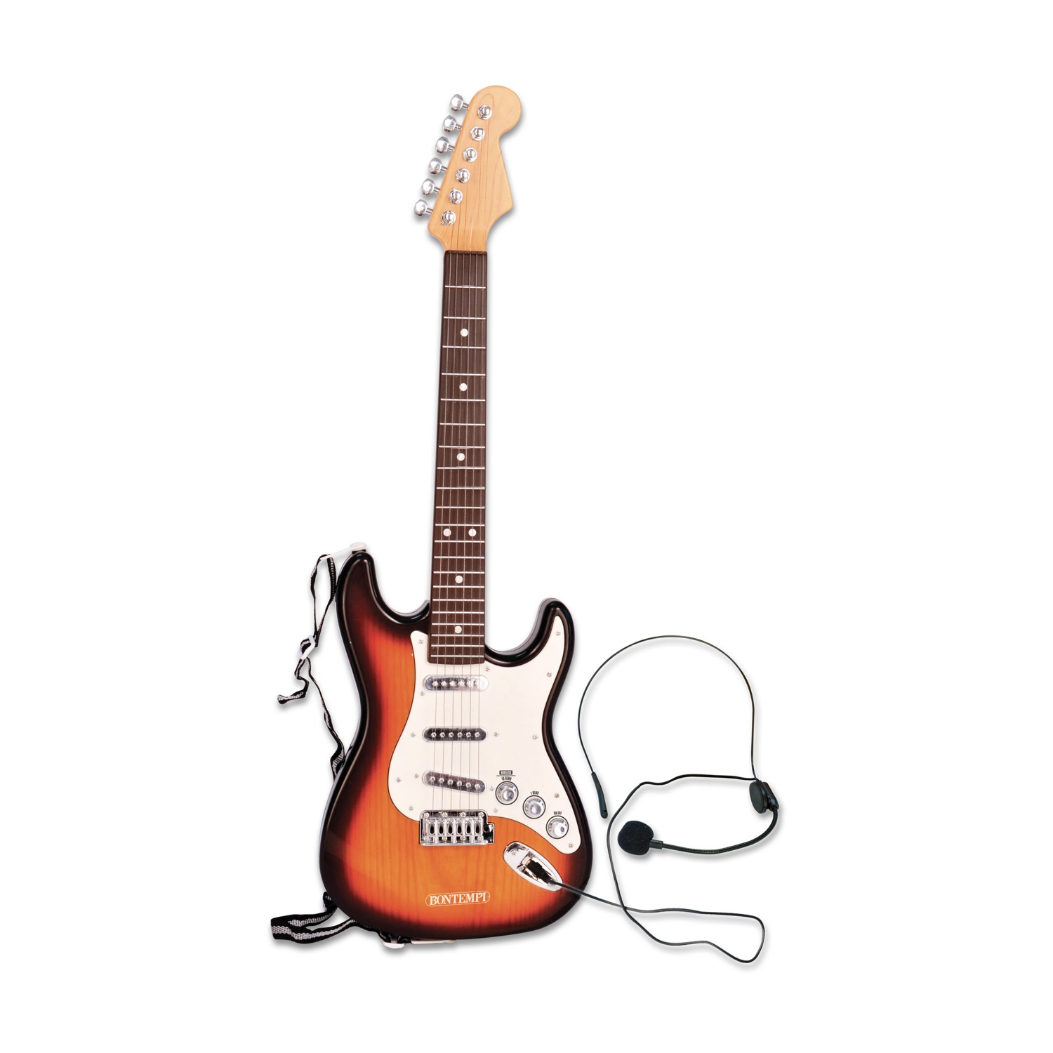 Una chitarra elettrica con un cinturino bianco e nero e un microfono con auricolare. La chitarra è marrone e arancione.