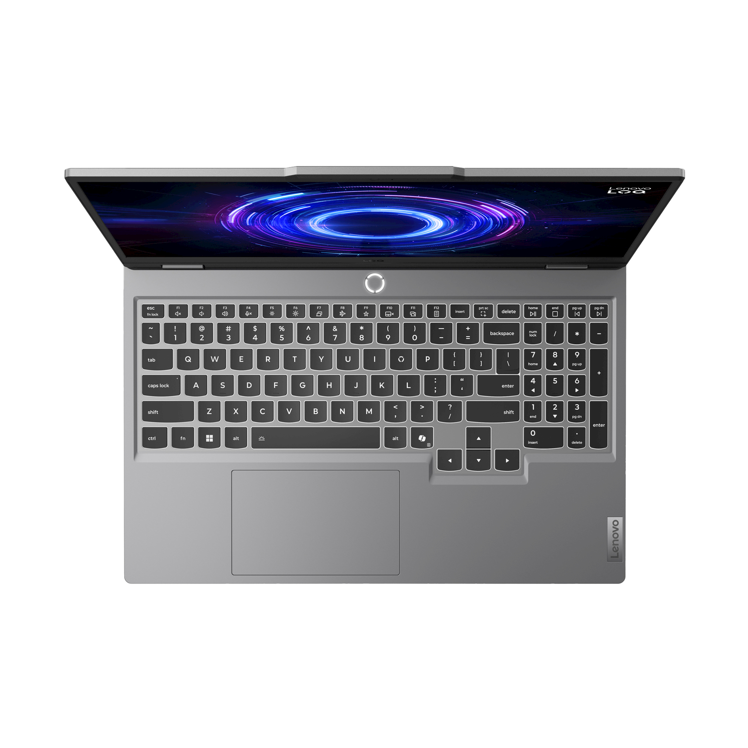 Un laptop Lenovo grigio è aperto. Lo schermo mostra una grafica colorata. La tastiera e il touchpad sono visibili, lo sfondo è bianco.