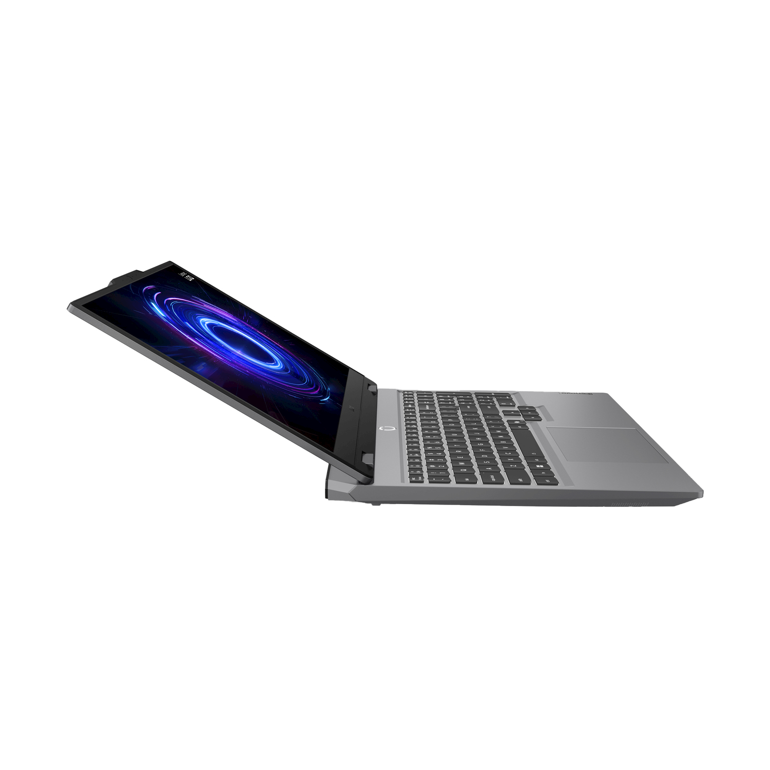 Un laptop grigio è aperto, angolato. Lo schermo mostra un design circolare blu, viola e bianco. La tastiera e il touchpad sono visibili.