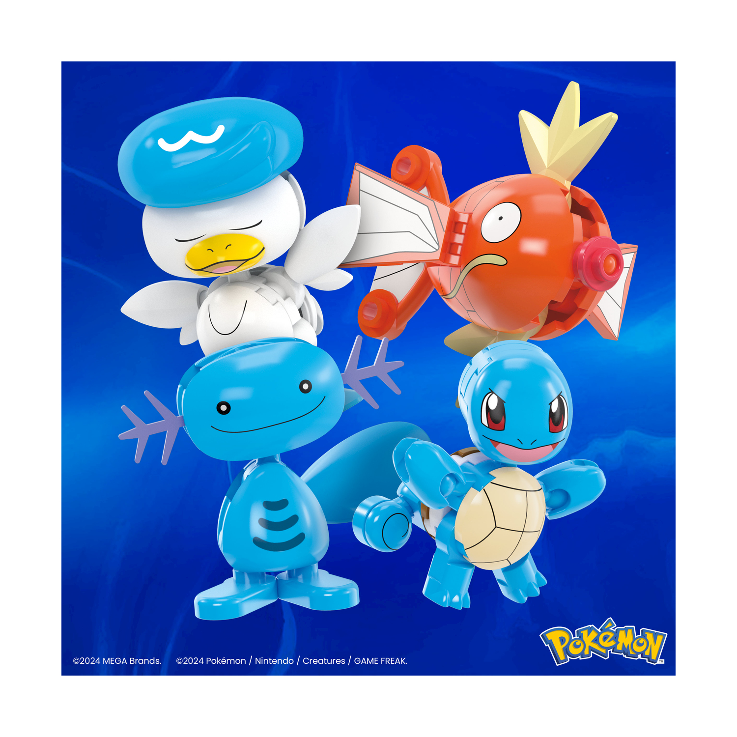 Cztery kolorowe figurki Pokémon: niebieski Psyduck, pomarańczowy Magikarp, niebieski Wooper i niebieski Squirtle na niebieskim tle.