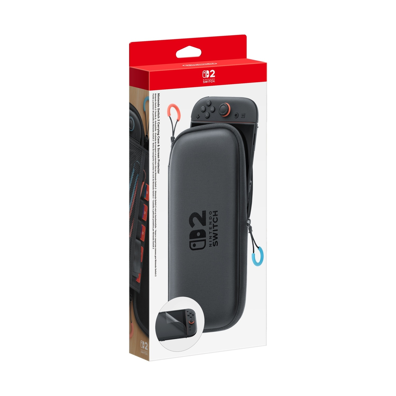 Zestaw etui i ochraniacza ekranu do Nintendo Switch 2 w opakowaniu detalicznym. Etui jest czarne, z pomarańczowymi i niebieskimi akcentami.