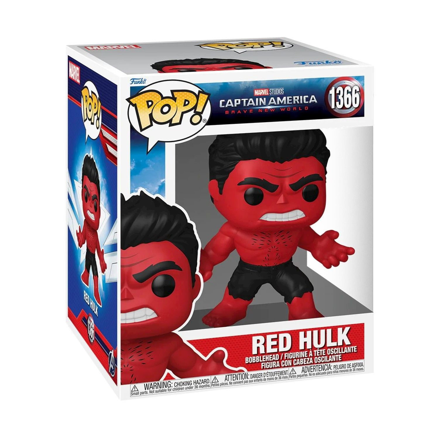 Una figura di Red Hulk Funko Pop in una scatola. È un bobblehead, di Captain America: Brave New World. La scatola mostra la figura.