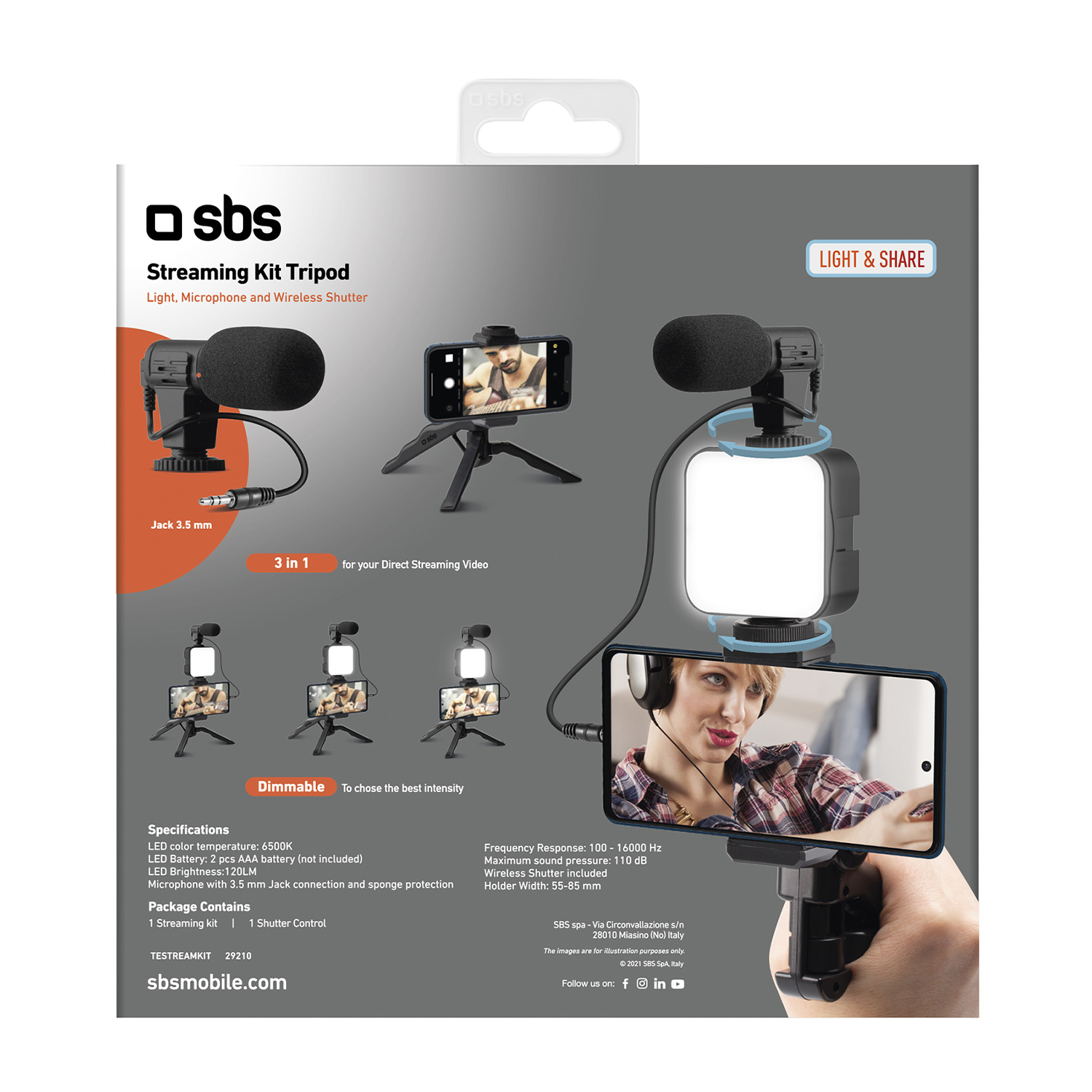 Kit de streaming con trípode, luz, micrófono y disparador inalámbrico. Incluye teléfono con mujer en pantalla, micrófono y luz.