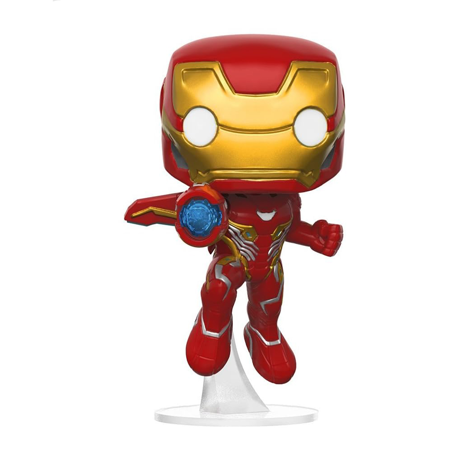 Figurka Funko Pop Iron Mana. Czerwono-złota zbroja, wyciągnięte ramiona, niebieski wybuch energii, stojąca na przezroczystej podstawie. Białe tło.
