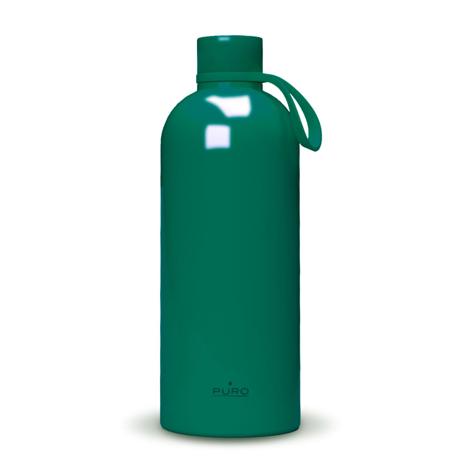 Una bottiglia d'acqua verde con tappo e manico. La bottiglia è cilindrica e riporta la scritta 'PURO'.