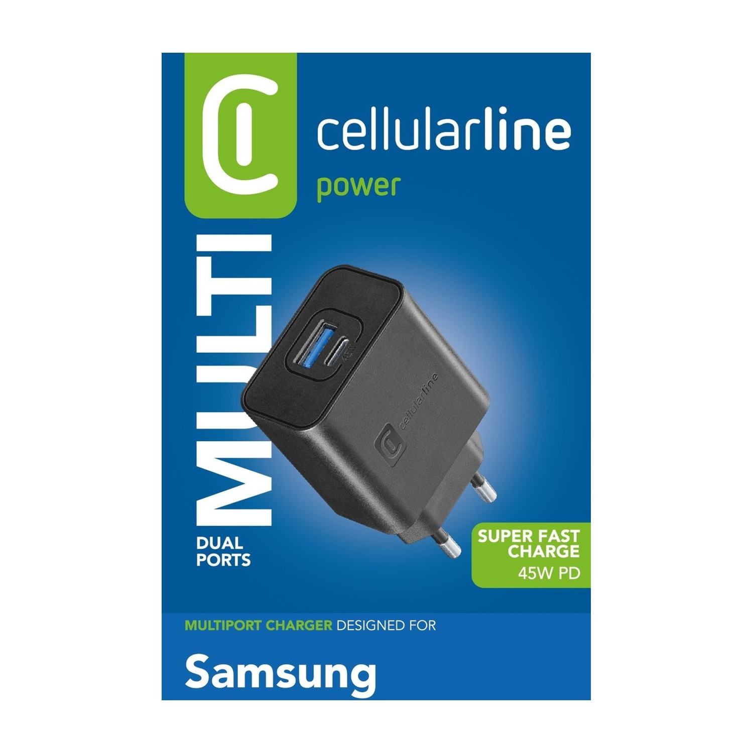 Un cargador multipuerto Cellularline negro con puertos duales, diseñado para Samsung. Tiene 'Carga Super Rápida' 45W PD.