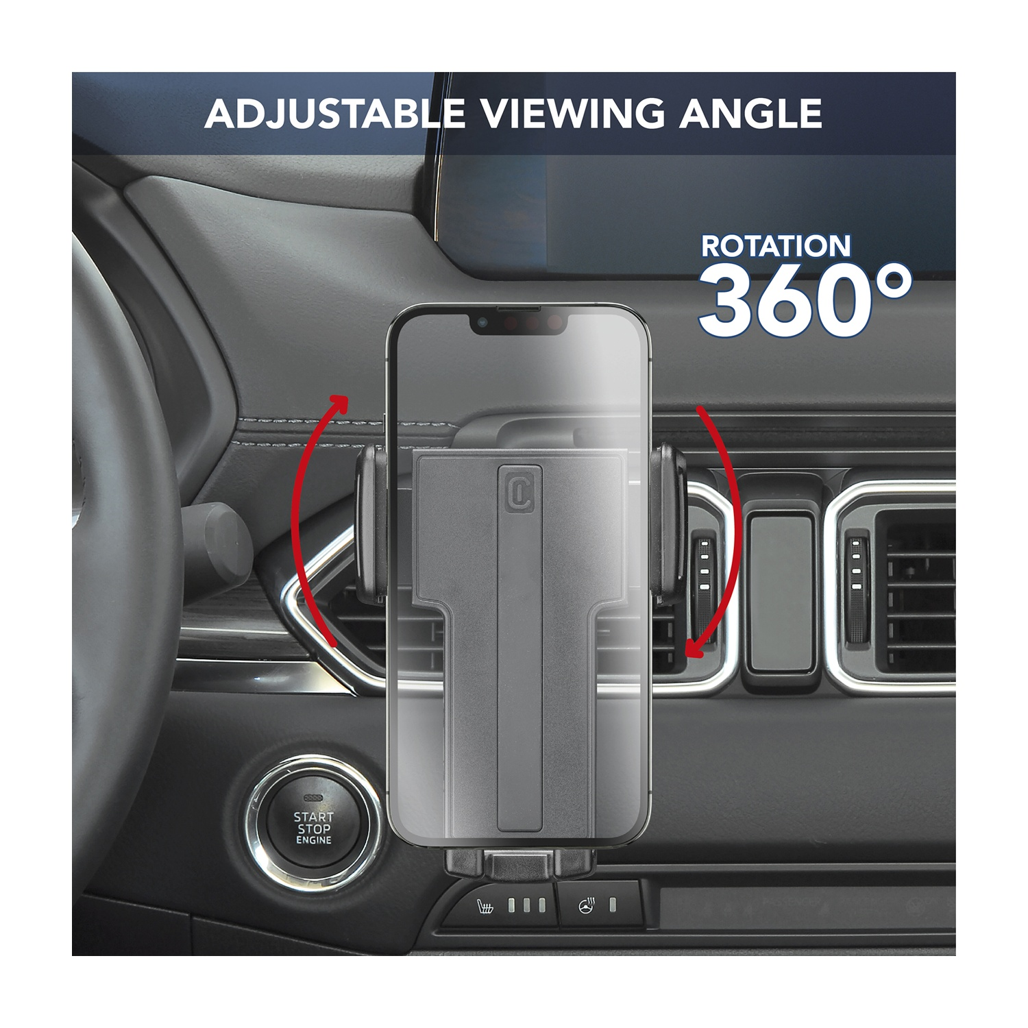 Un soporte para teléfono en el tablero de un automóvil. Puede girar 360 grados. Los textos dicen 'Ángulo de visión ajustable' e 'Iniciar detener el motor'.