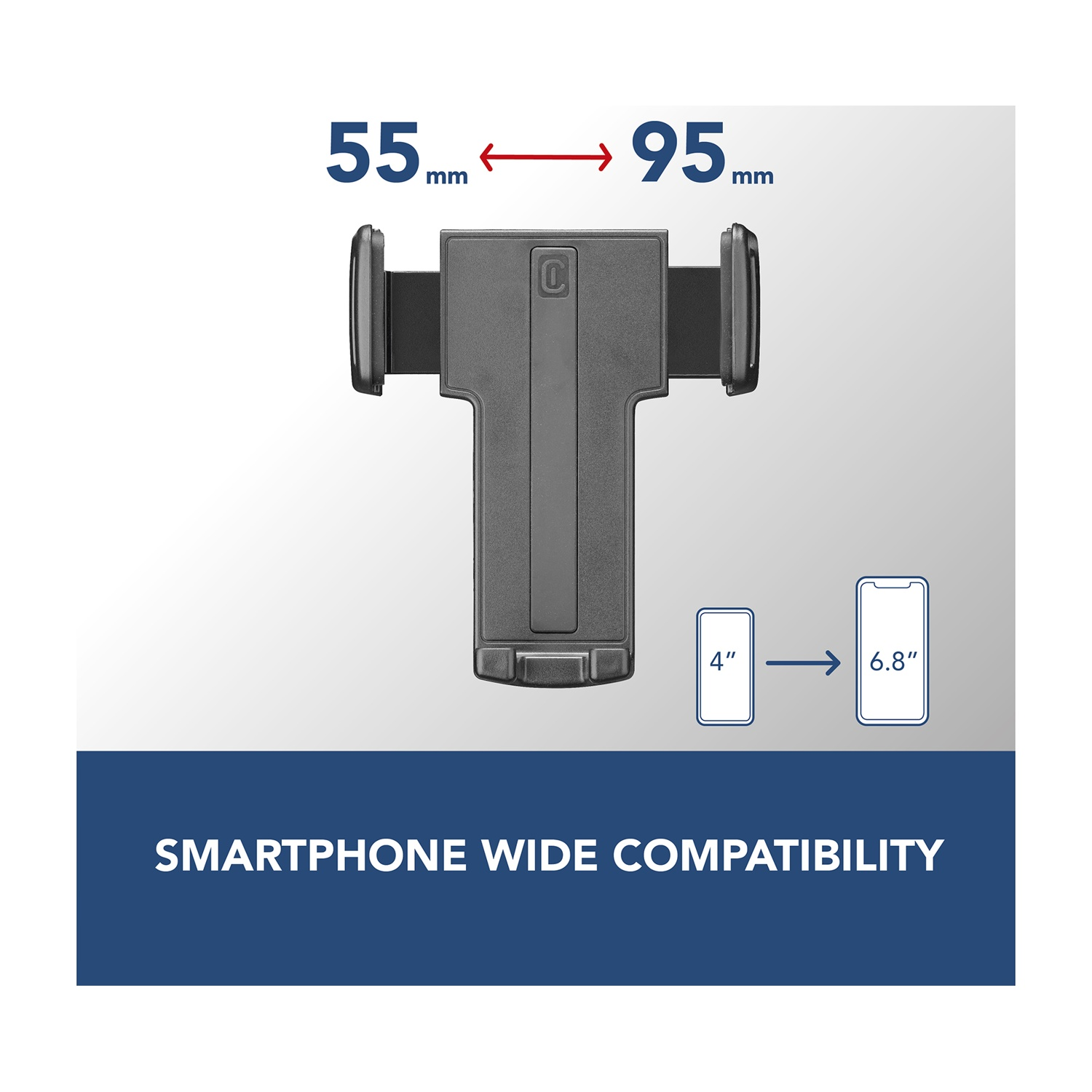 Un soporte para teléfono negro con dimensiones y gráficos de compatibilidad, texto: 'Compatibilidad amplia para smartphone'.