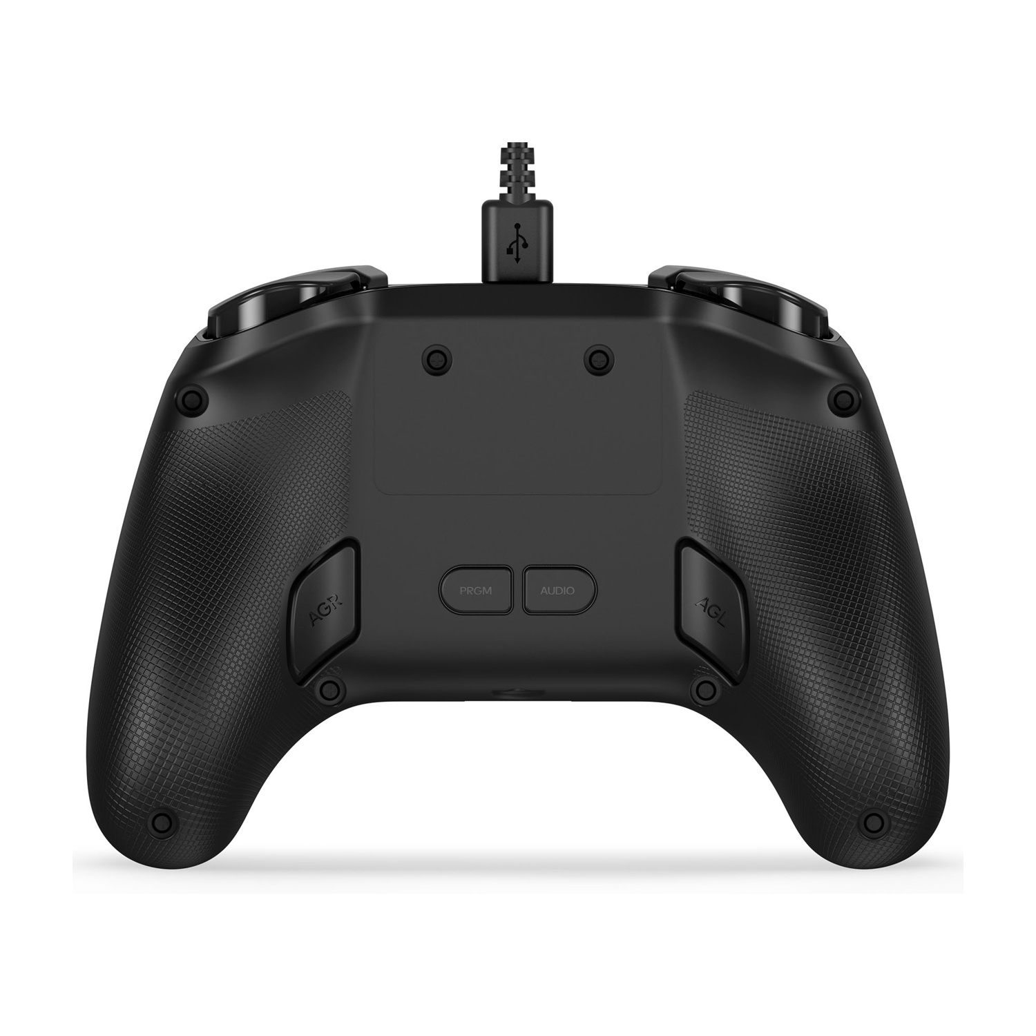 Czarny kontroler do gier z podłączonym kablem USB. Posiada przyciski i teksturowany uchwyt. Tło jest białe.