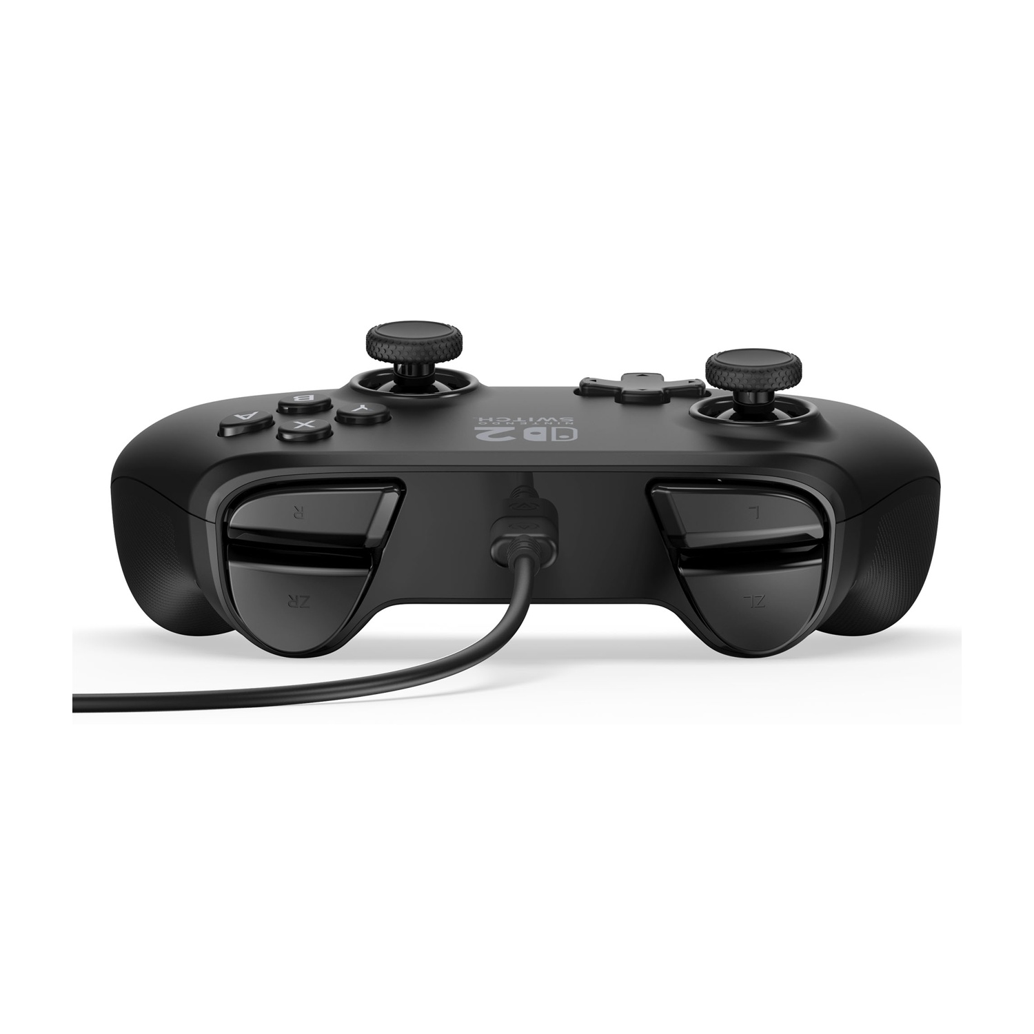 Czarny kontroler Nintendo Switch z przyciskami, joystickami i kablem do ładowania na białym tle.