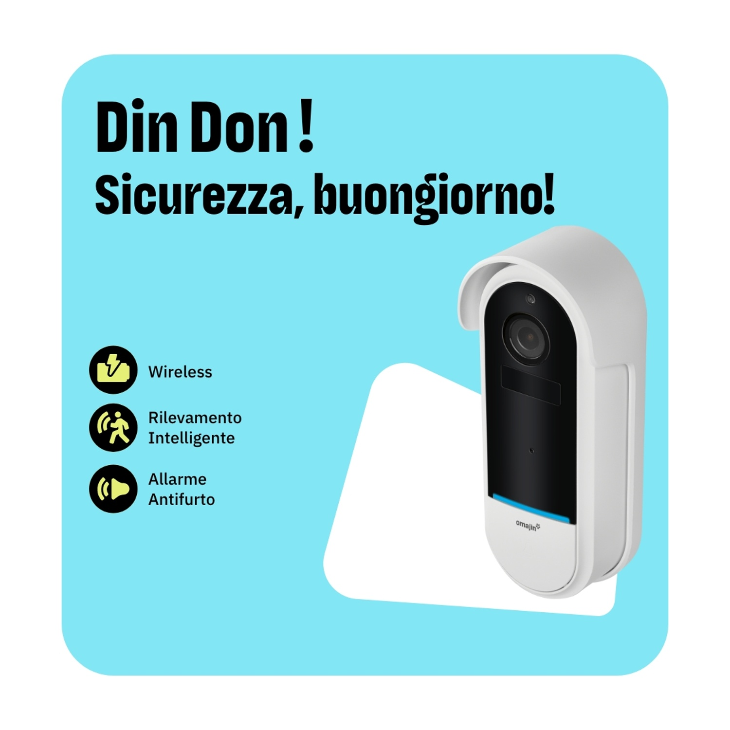 L'immagine mostra una telecamera di sicurezza bianca con testo in italiano. Le caratteristiche sono wireless, rilevamento intelligente e allarme antifurto.