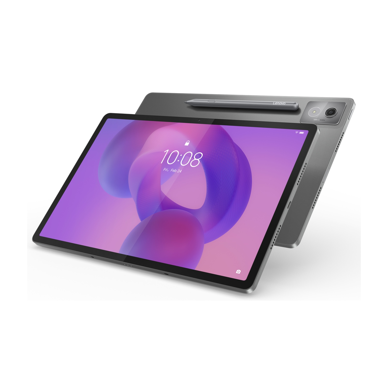 Tablet Lenovo na białym tle. Ekran pokazuje godzinę. U góry rysik. Widoczny aparat.