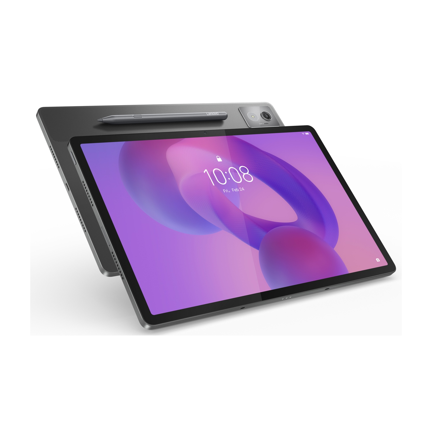 Tablet z rysikiem na górze, wyświetlający fioletowo-niebieski ekran, godzina 10:08, data 24 lutego.