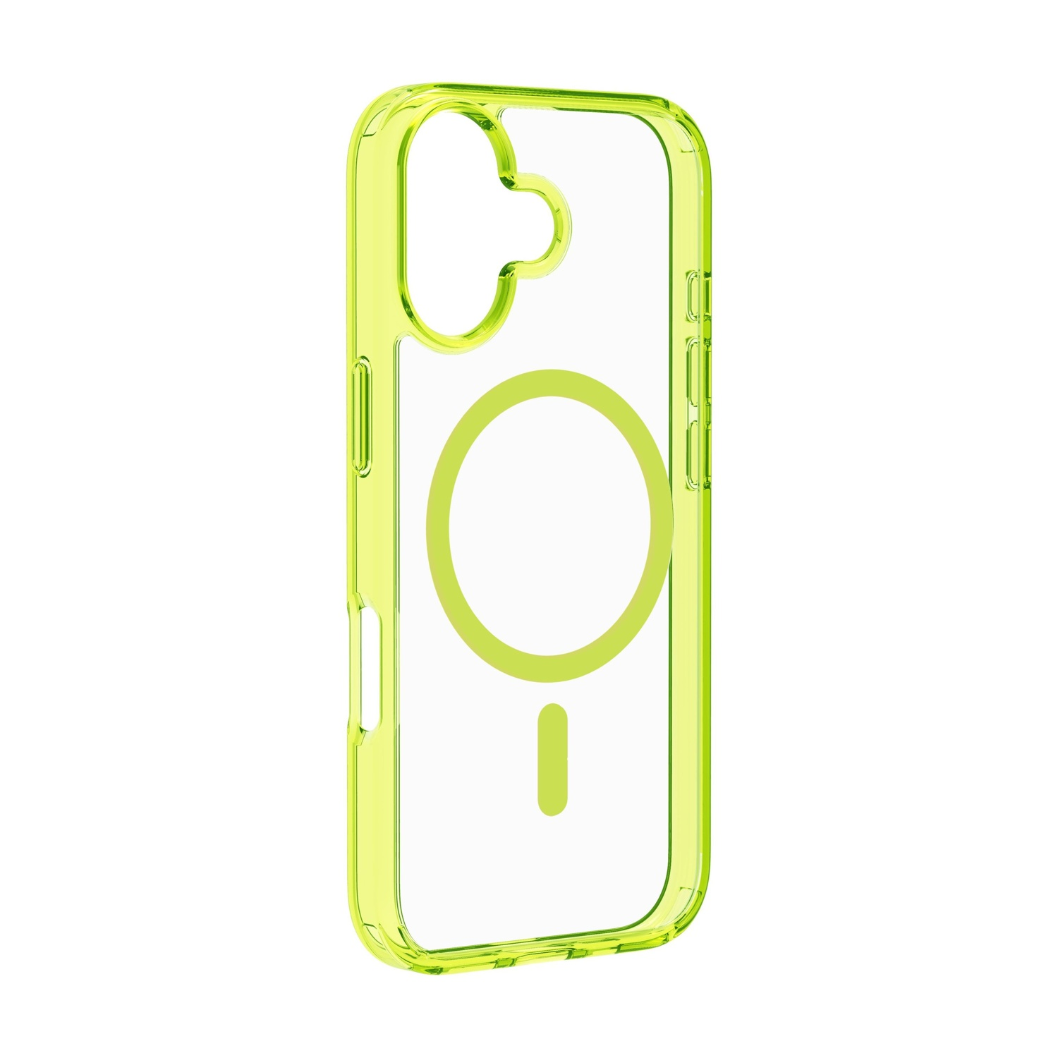 Una custodia per telefono verde neon traslucida. Ha un retro trasparente e un bordo verde neon. Accenti circolari e verticali visibili sul retro.