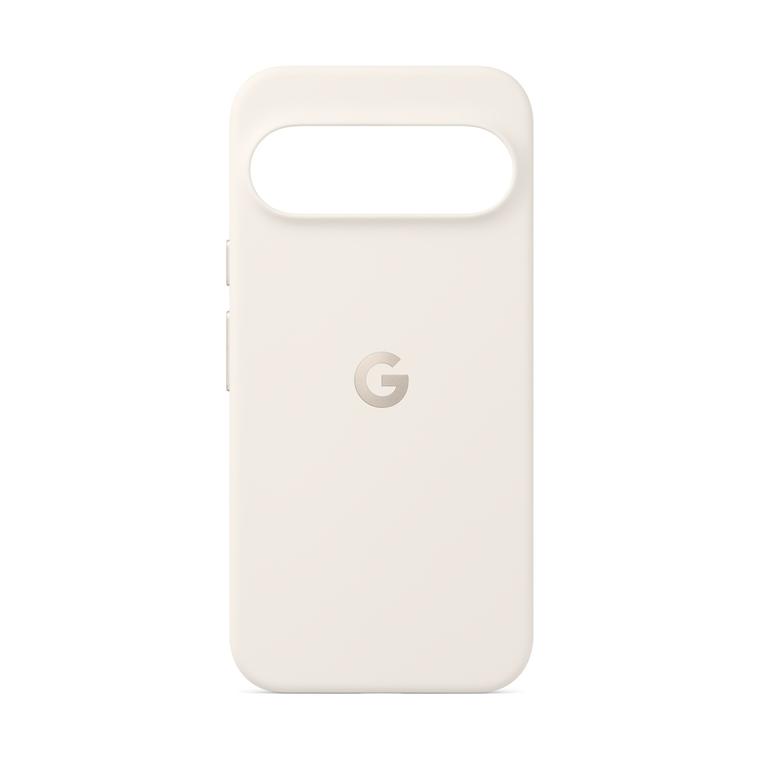 Eine cremefarbene Handyhülle mit einem Ausschnitt für die Kamera und dem Google "G"-Logo. Zwei Knöpfe befinden sich auf der linken Seite.
