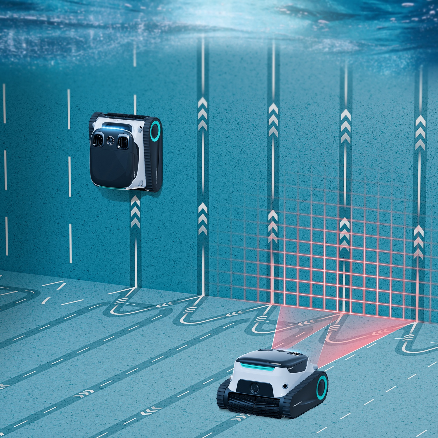 Zwei Roboterfahrzeuge auf einer blauen Oberfläche. Eines ist montiert, das andere steht am Boden. Rotes Gitter und Lichtstrahlen sind sichtbar.