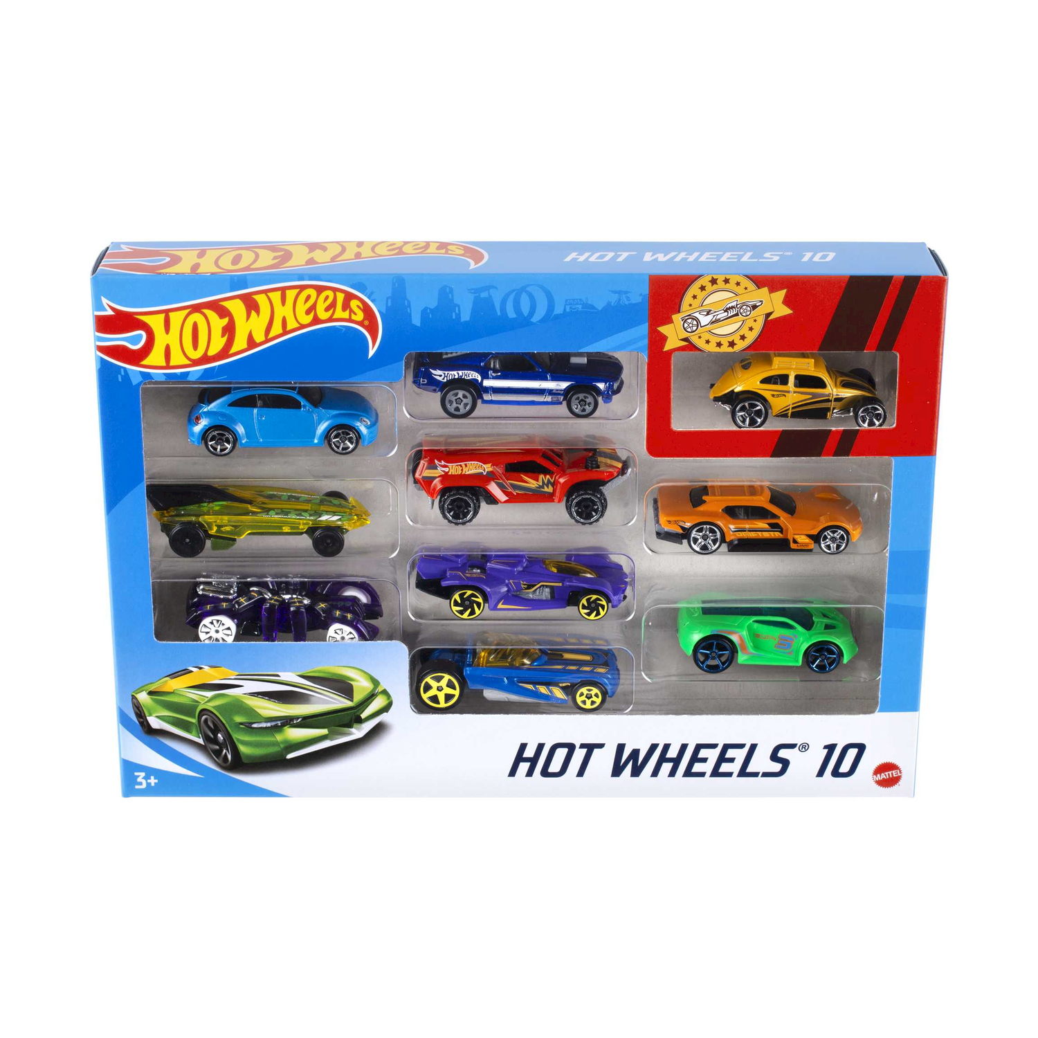 Pakiet Hot Wheels 10. Zawiera dziesięć zabawek samochodowych w różnych kolorach i wzorach. Opakowanie jest niebiesko-białe.
