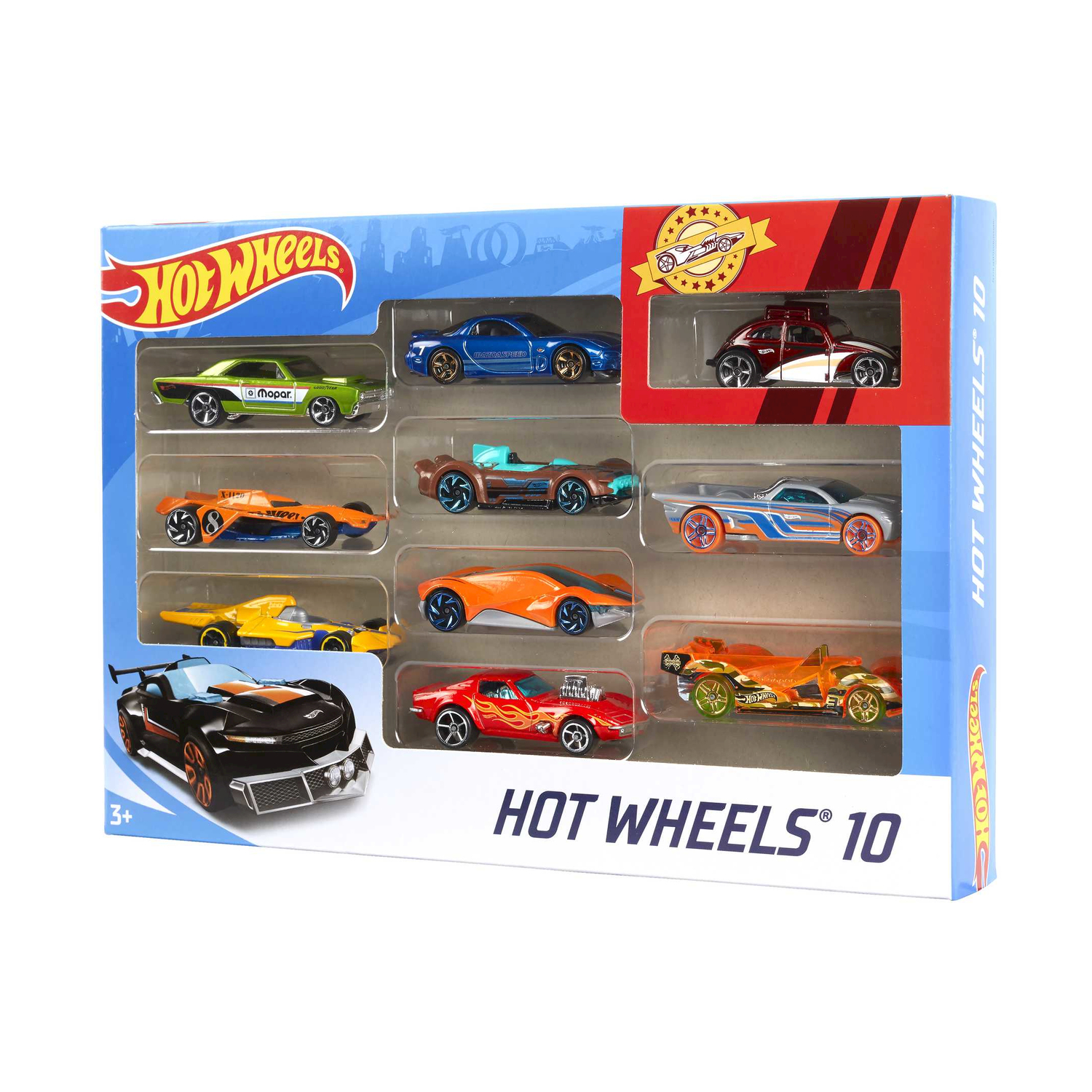 Zestaw 10 samochodzików Hot Wheels. Zawiera dziesięć zabawek w różnych kolorach i wzorach, w niebiesko-białym pudełku. Zestaw dla dzieci 3+.