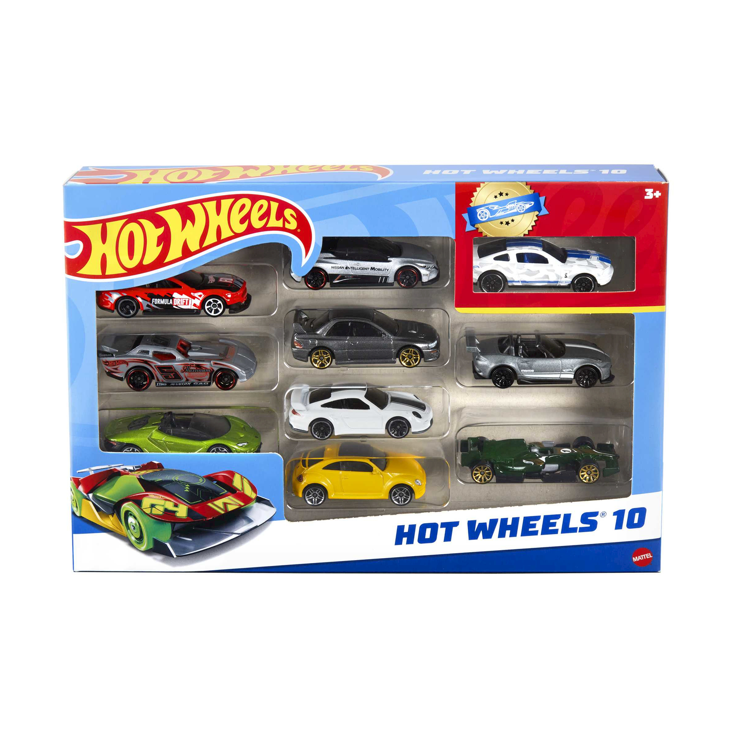 Zestaw 10 Hot Wheels z różnymi samochodzikami w niebiesko-czerwonym pudełku. Samochody mają różne kolory i wzory.