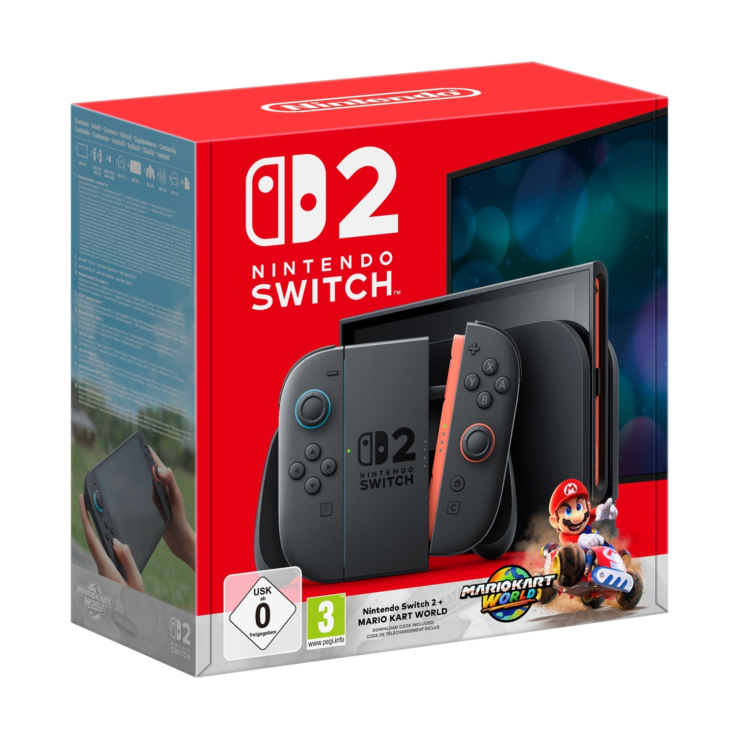 Pudełko Nintendo Switch z konsolą i kontrolerami. Mario Kart World jest widoczne. Pudełko jest czerwono-czarne.
