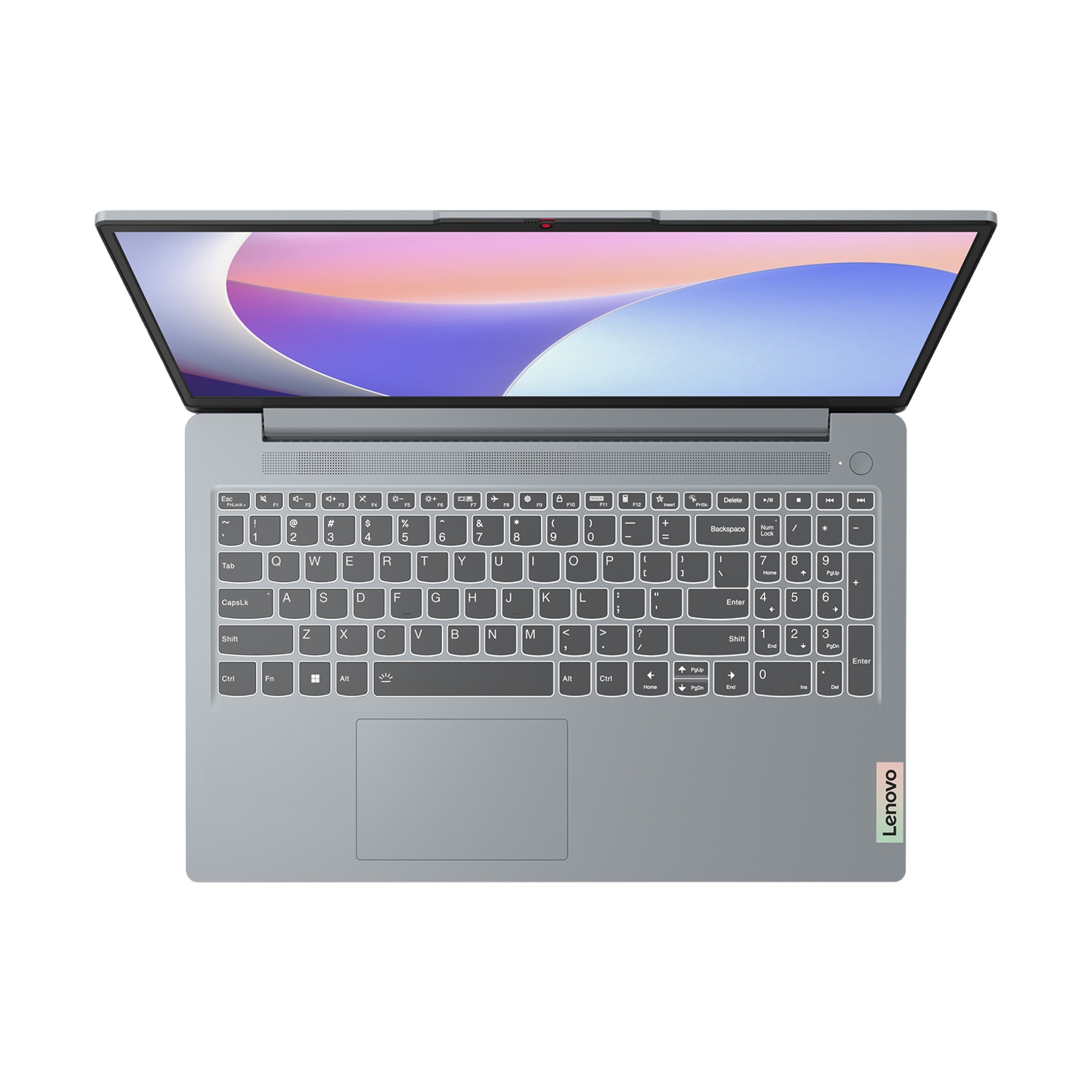 Un laptop Lenovo grigio è aperto, mostra tastiera e schermo con design astratto, su sfondo bianco.