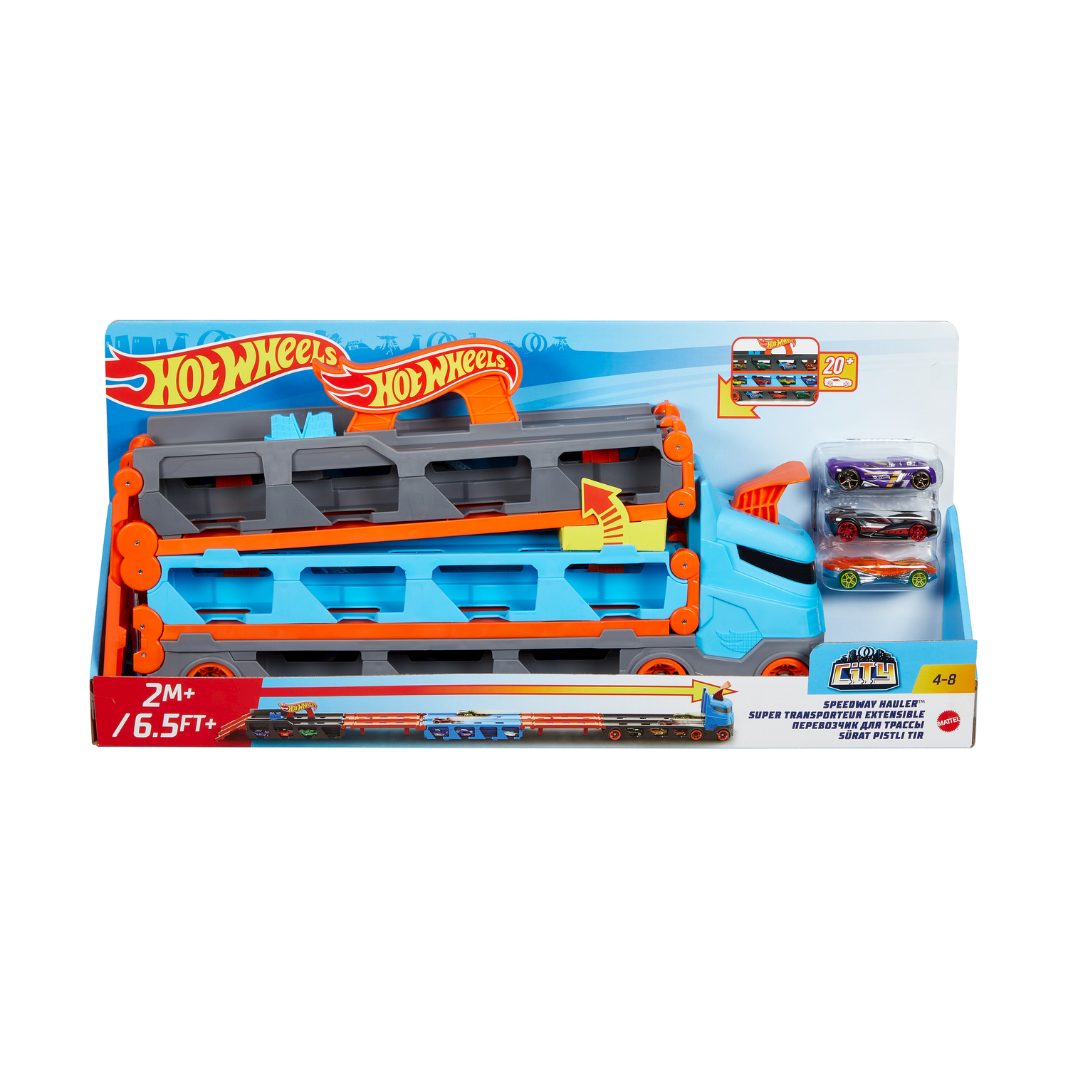 Zestaw zabawek Hot Wheels Speedway Hauler. Zawiera niebieską ciężarówkę, pomarańczowe detale i kilka samochodzików.