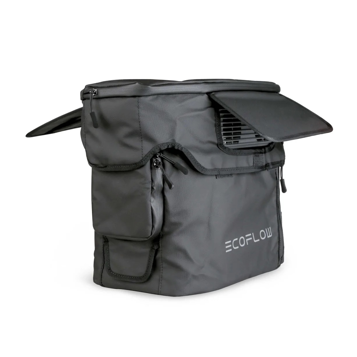 Una centrale elettrica portatile ECOFLOW grigia su sfondo bianco. Ha un lembo aperto, due tasche e una cerniera. Il logo è visibile.