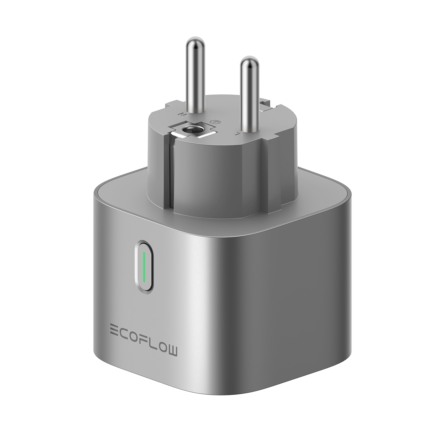 Ein grauer Smart-Stecker mit zwei silbernen Stiften, einem grünen Licht und der Marke ECOFLOW. Er ist auf weißem Hintergrund isoliert.
