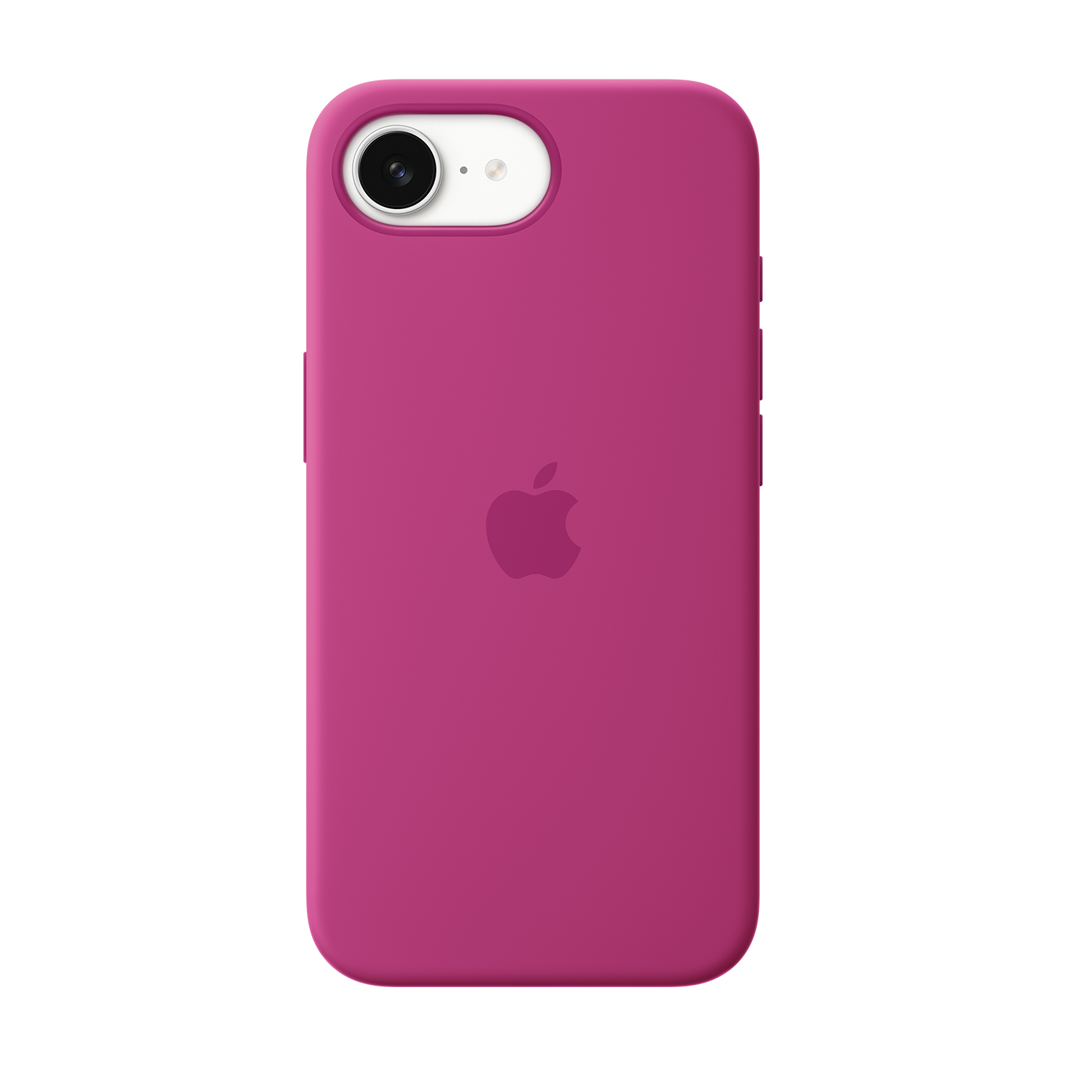 Una funda magenta para iPhone con el logotipo de Apple. La lente de la cámara y el flash son visibles en la parte superior. La funda está sobre un fondo blanco.