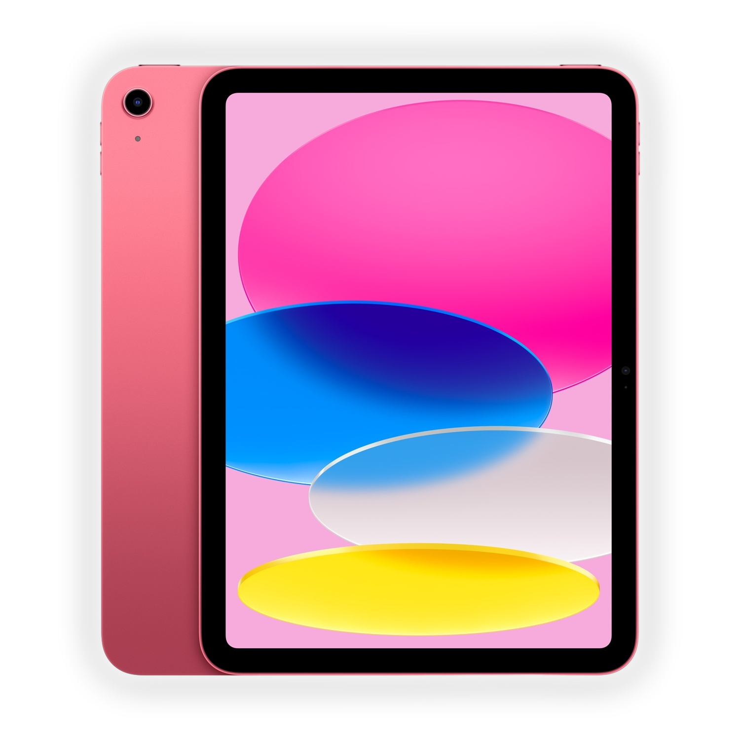 Różowy tablet z żywym ekranem wyświetlającym kolorowe kształty. Tło jest ciemne, z efektem świecenia wokół tabletu.