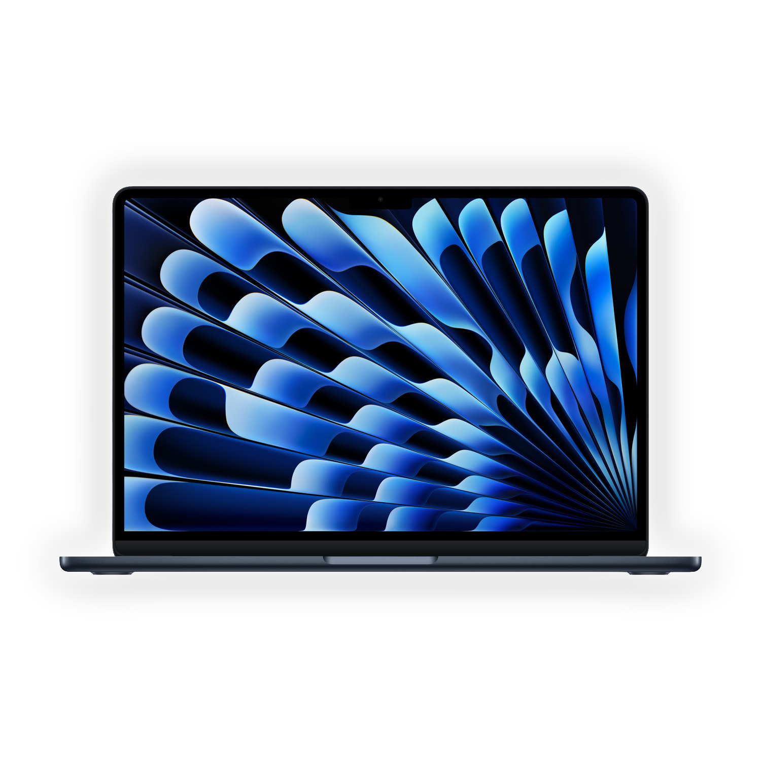 Ciemnoniebieski laptop z żywym, niebiesko-białym abstrakcyjnym wzorem na ekranie, na czarnym tle.