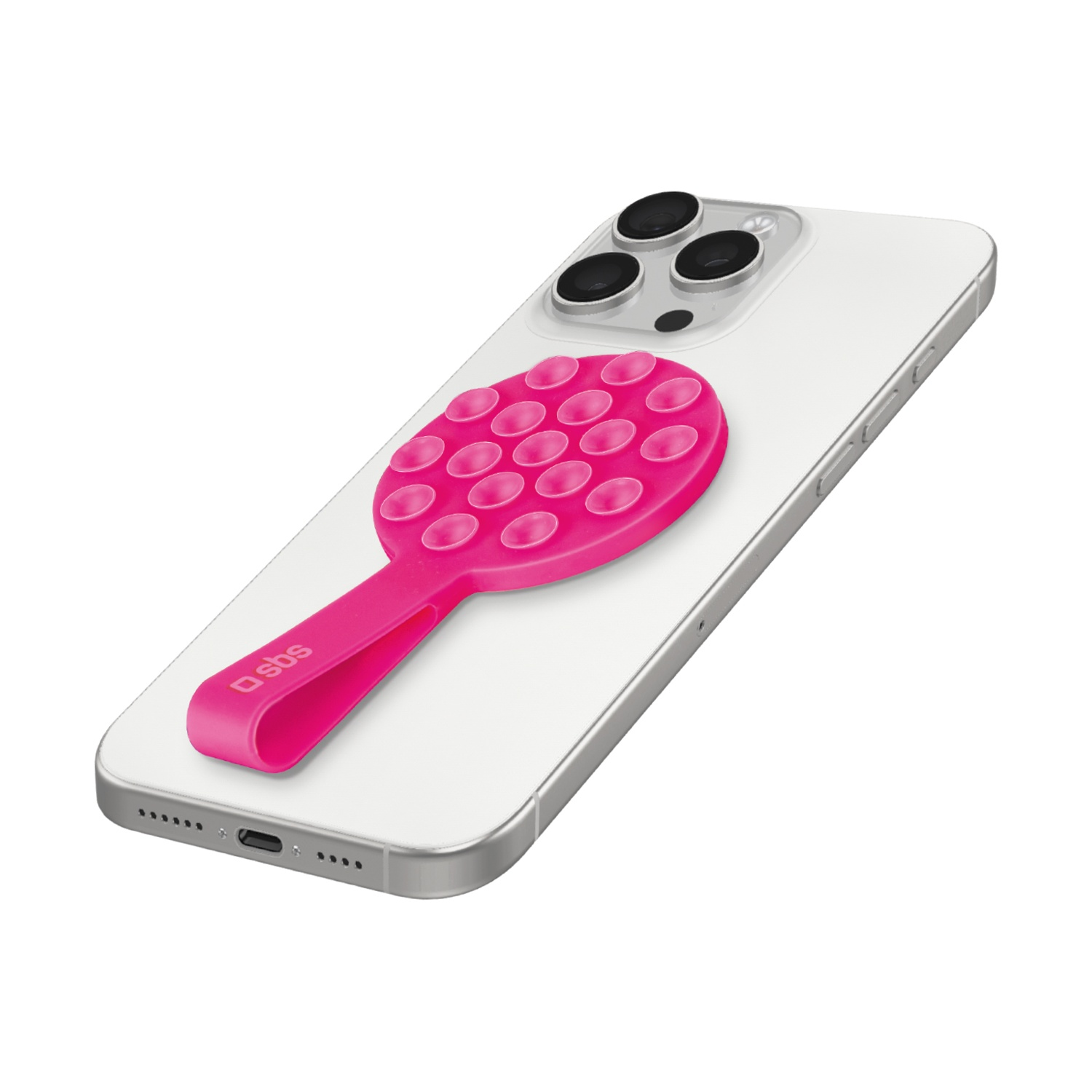 Un iPhone bianco con un'impugnatura rosa per telefono. L'impugnatura ha ventose e un manico con il logo sbs.