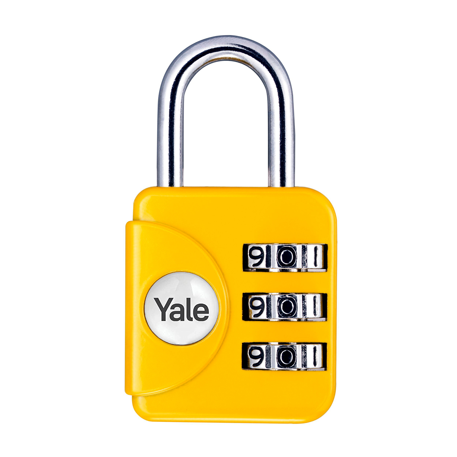 Un lucchetto a combinazione Yale giallo con grillo argentato. Ha tre quadranti numerici, tutti che mostrano 901. Il logo Yale è sulla parte anteriore.