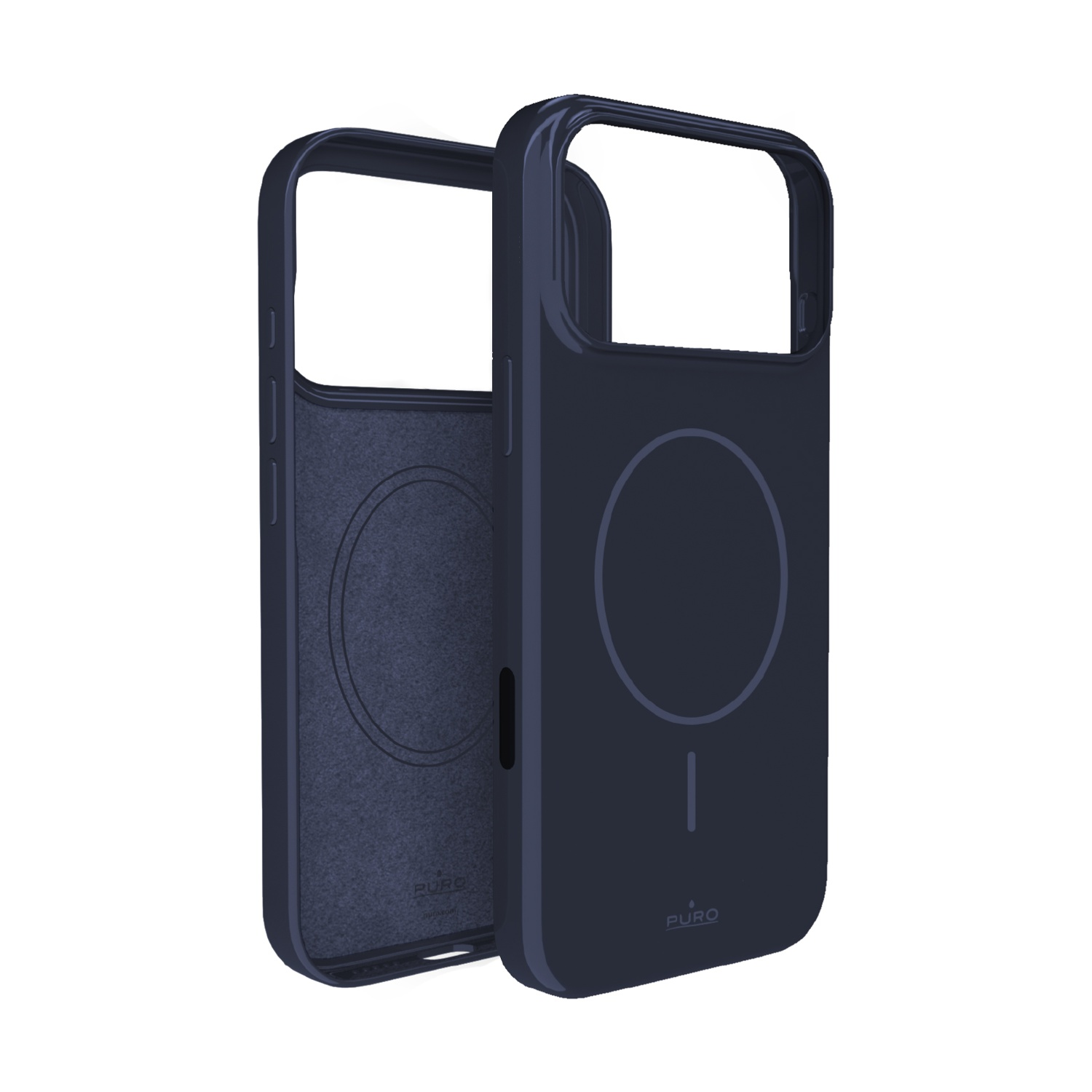 Se muestran dos fundas de teléfono azul marino. Una está abierta, mostrando el interior. Ambas tienen un diseño circular y la marca 'Puro'.