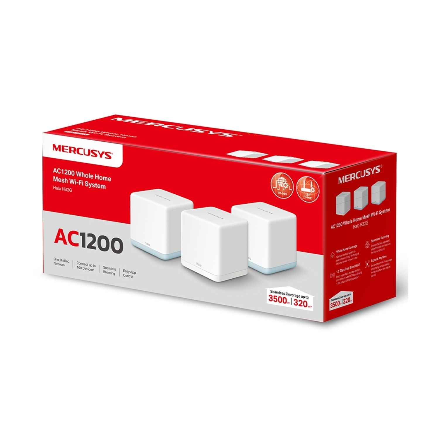 Una caja del sistema Wi-Fi Mesh para todo el hogar Mercusys AC1200 con tres unidades Wi-Fi de malla blanca. La caja es roja y blanca.