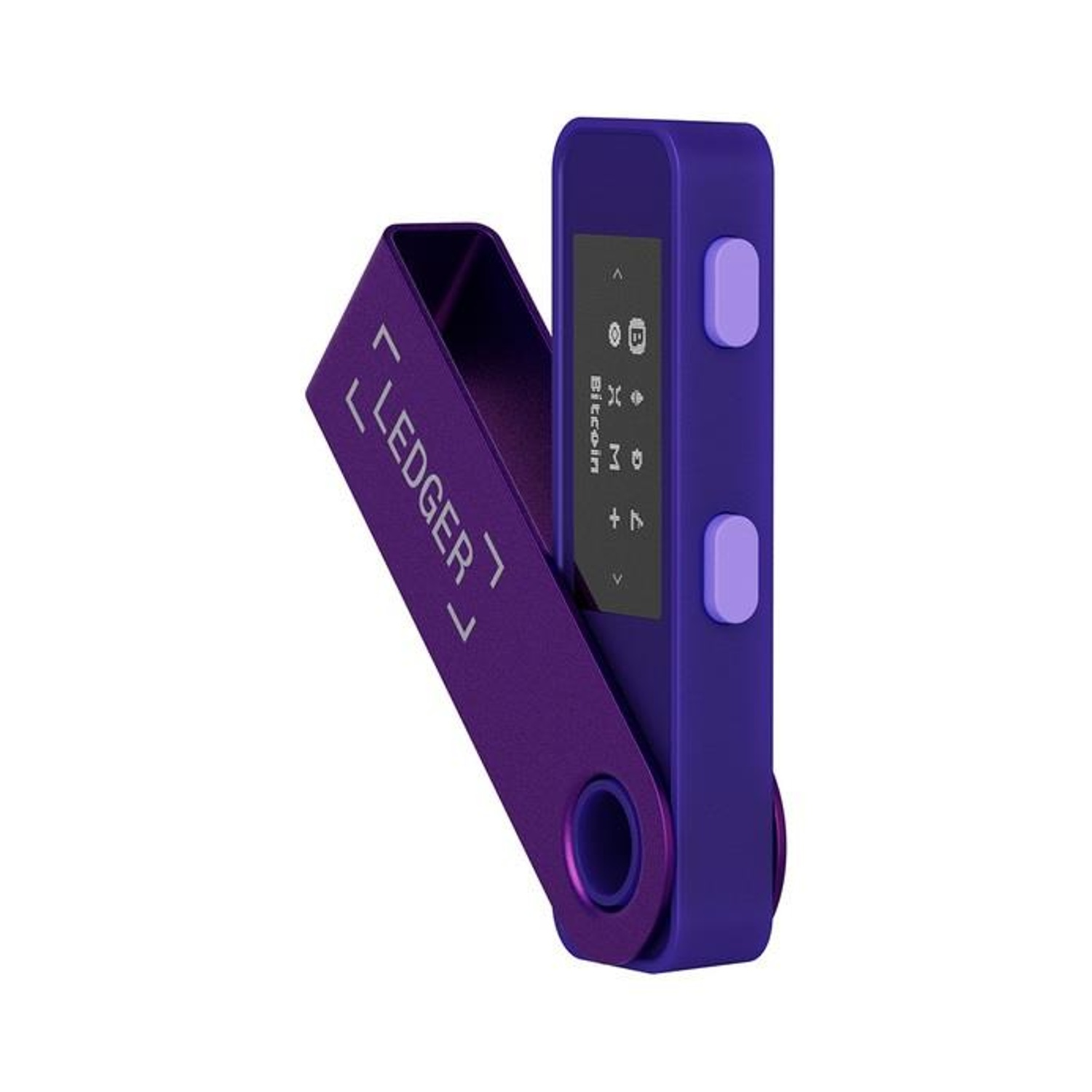 Een paarse Ledger hardware wallet, met een scherm met Bitcoin en twee knoppen. Het Ledger-logo staat op de paarse cover.
