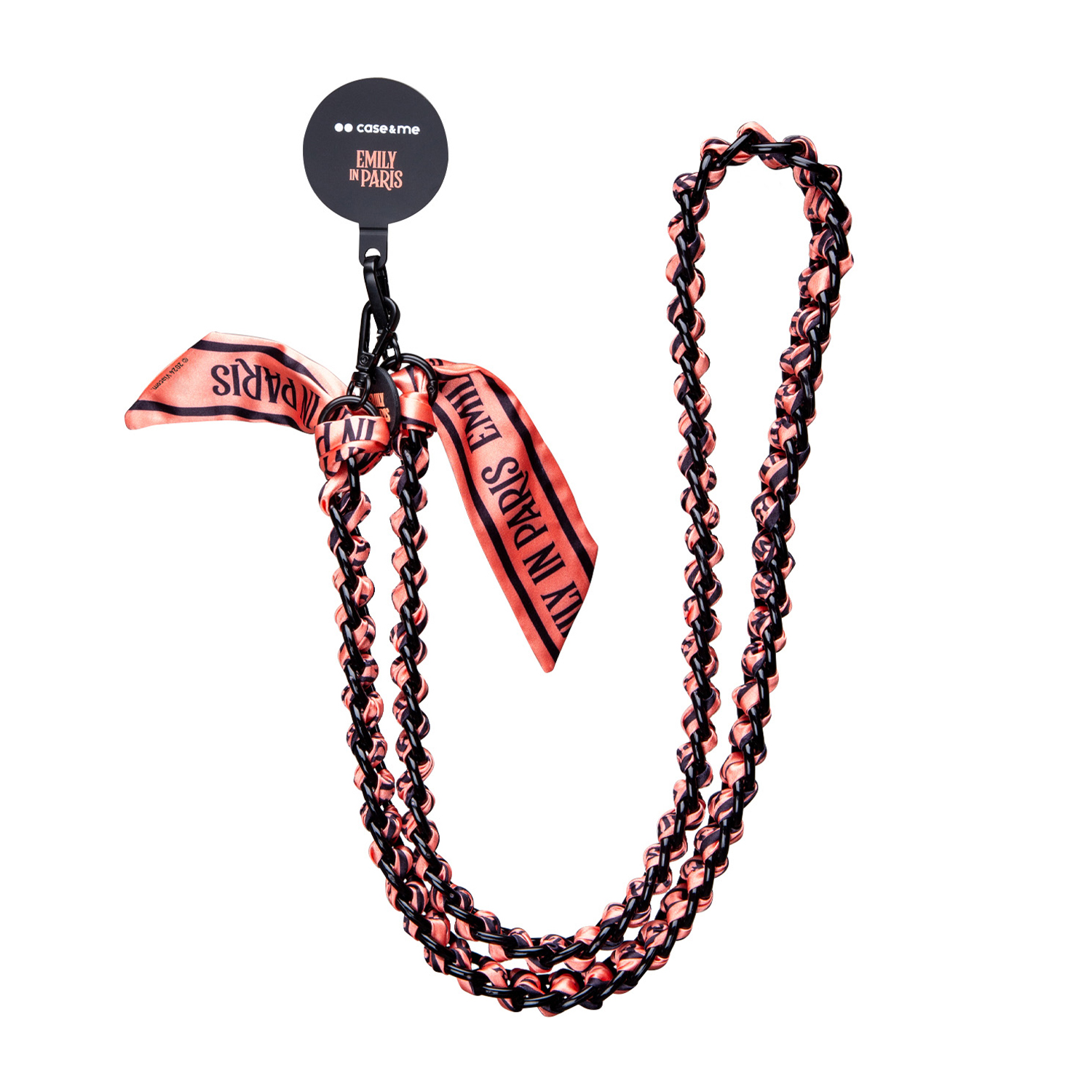 Un cordino con un design a catena nero e rosa. Ha un cerchio con "Emily in Paris" e una sciarpa abbinata.